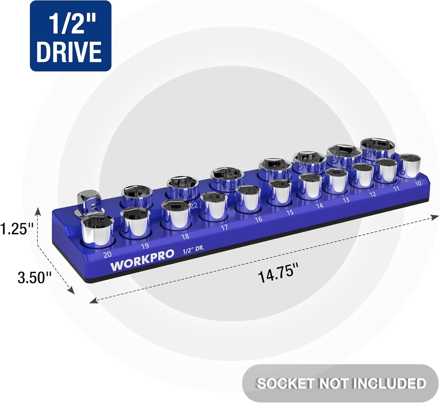 Blue magnetic socket organizer tray for 1/2-inch drive metric sockets, 19 holders