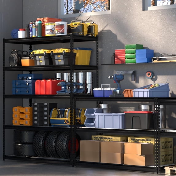Black metal storage rack with bins, tools, and containers on adjustable wire shelves.