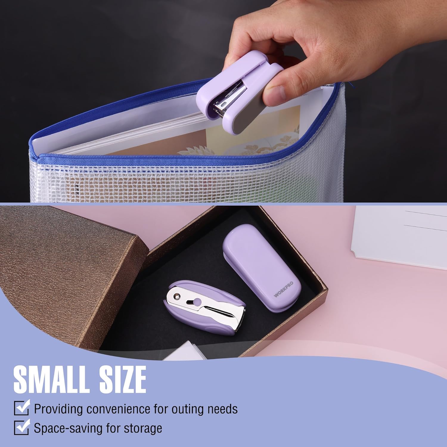 Purple mini stapler stored in a zipper pencil case and placed beside a gift box
