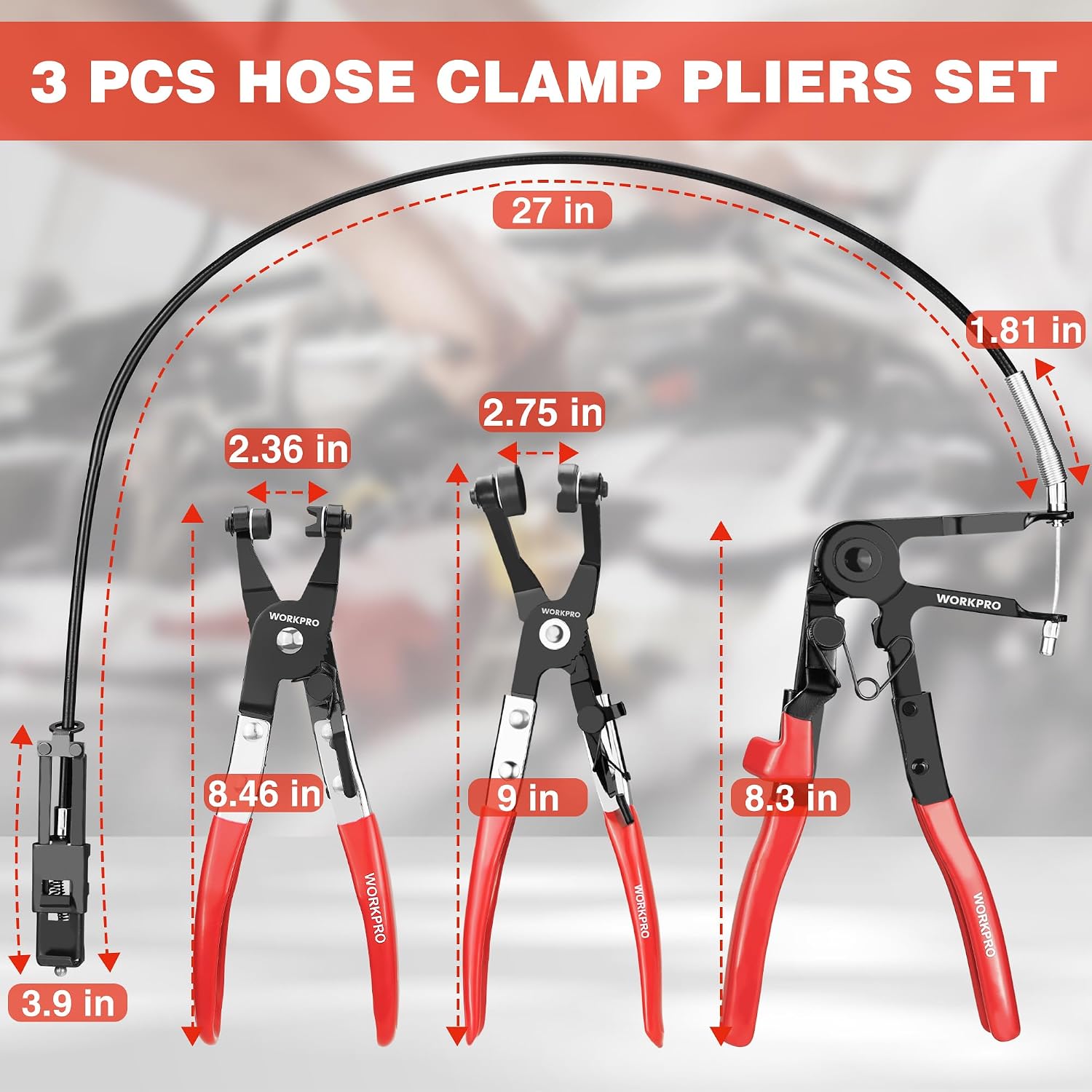 Three red-and-black hose clamp pliers sized for different hose clamp fittings
