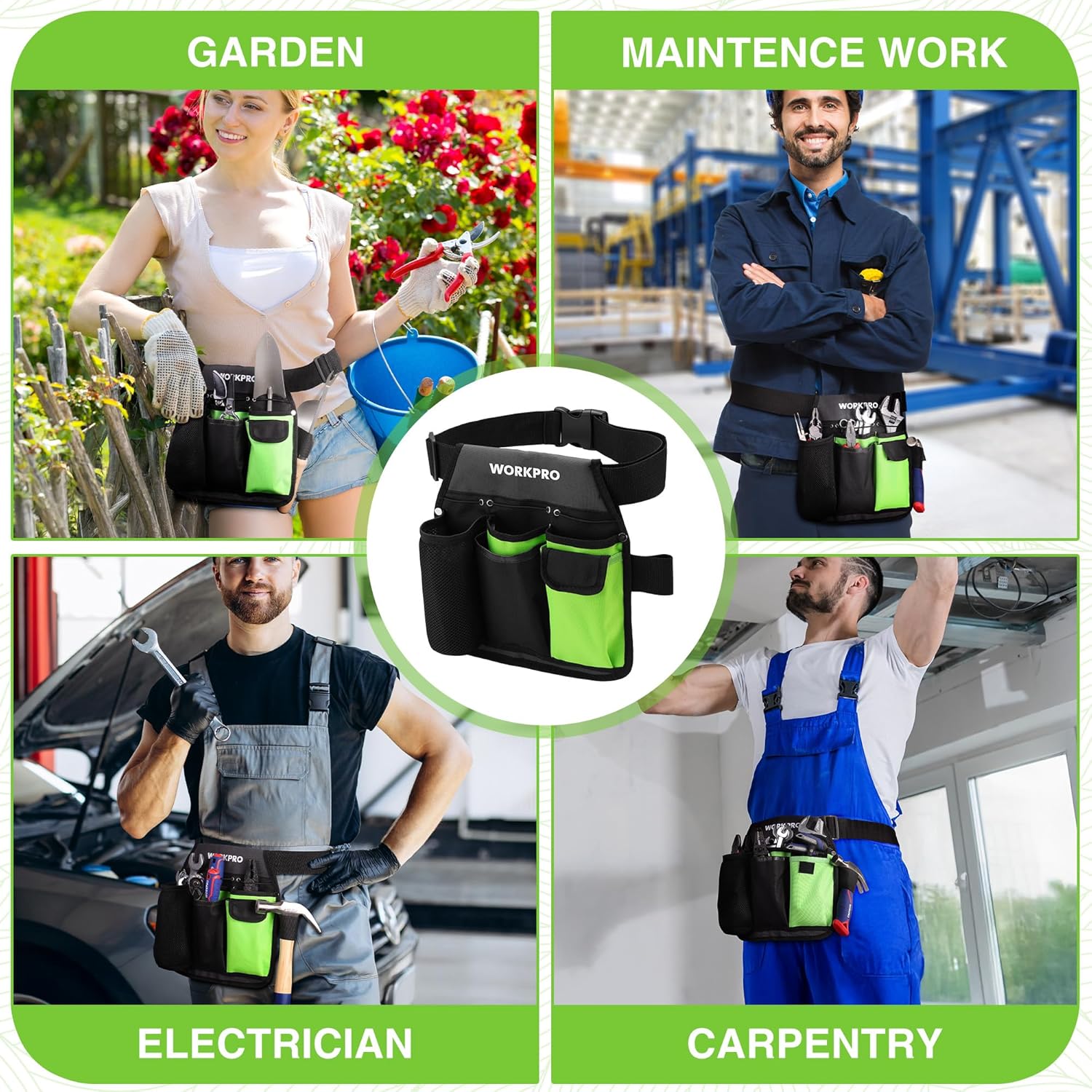 Black and green waist tool belt with pocketed pouch and two pruning shears