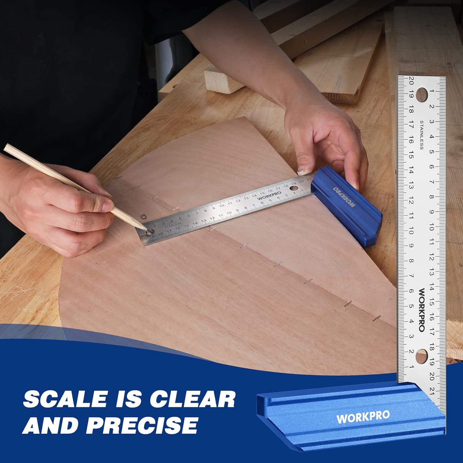 Try square with blue handle and silver blade marking precise angles on wood