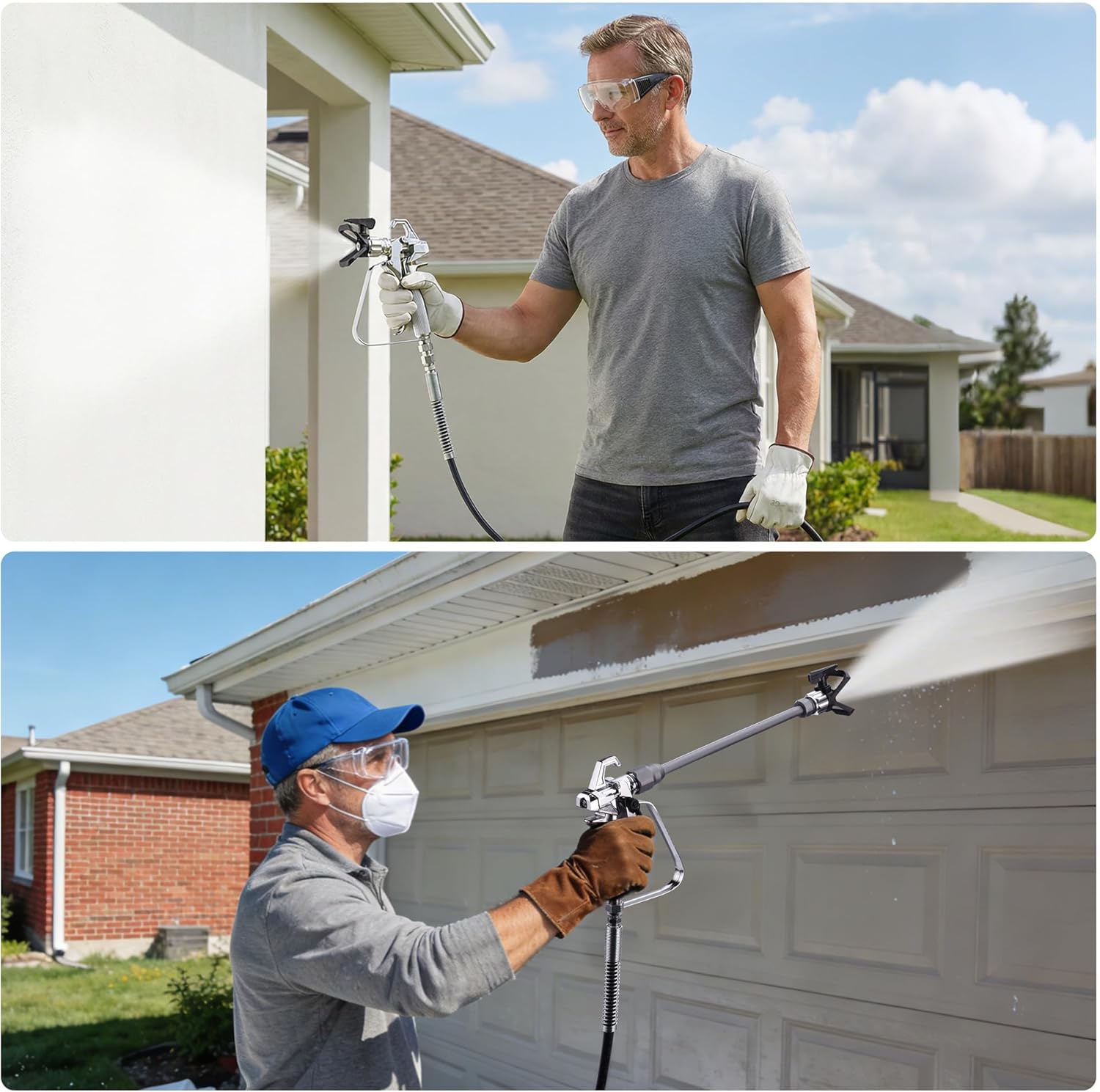 Airless paint sprayer with extension rod painting a garage door on a house exterior