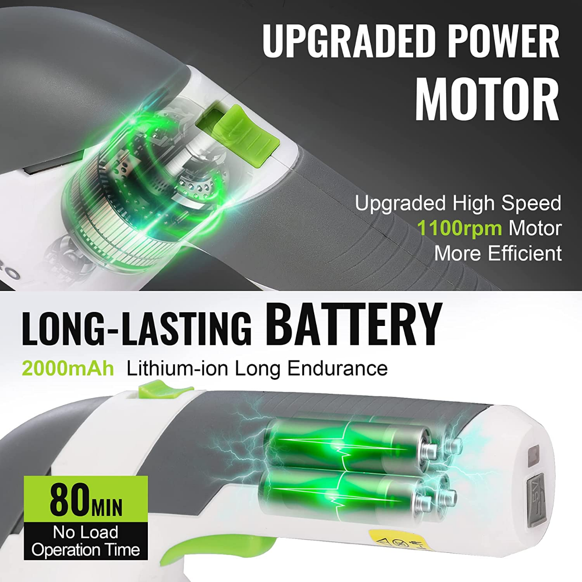 Handheld electric trimmer handle with illuminated motor and battery housing detail
