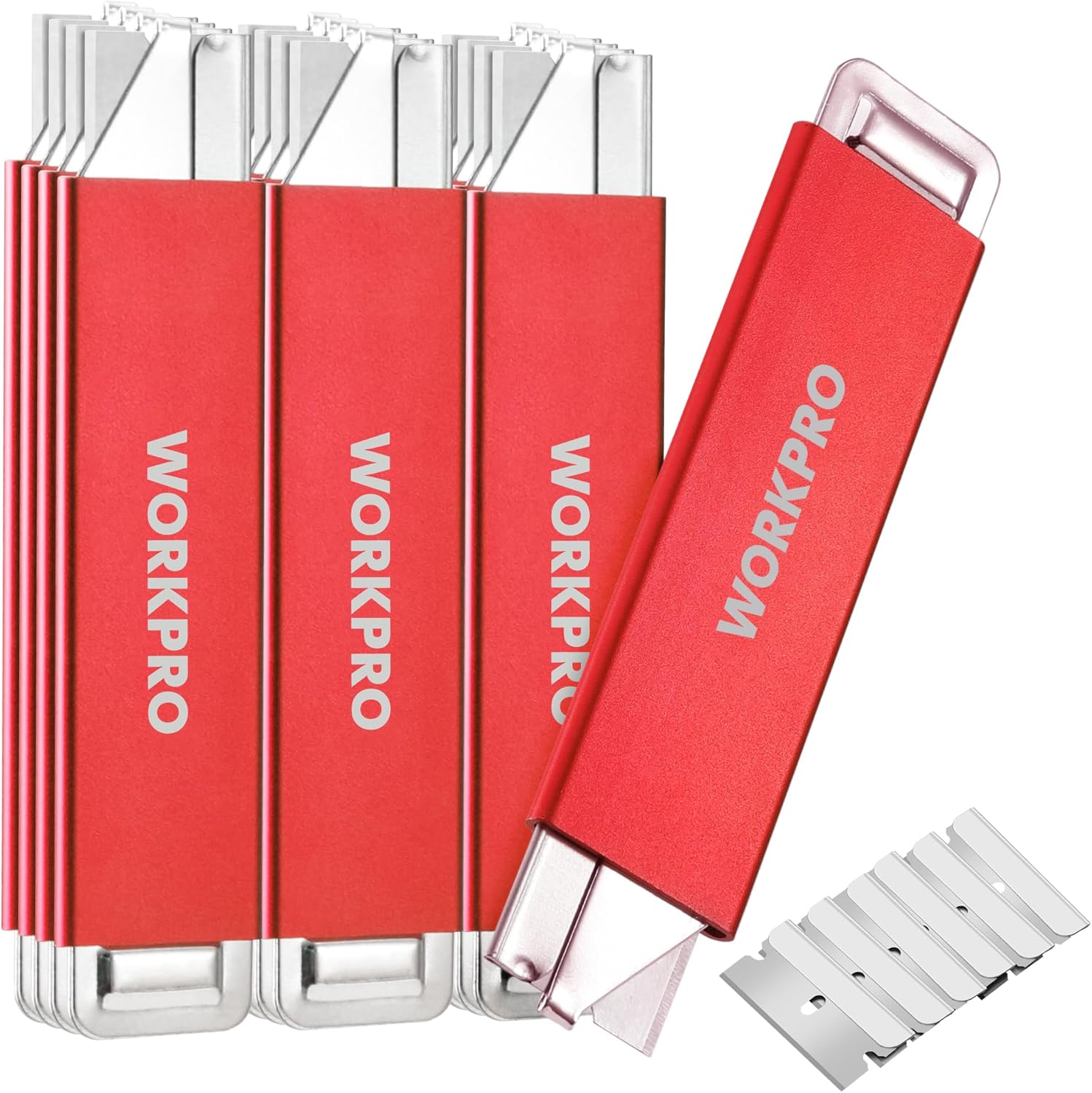 Red retractable box cutters and extra razor blades in a metal-lined holder set