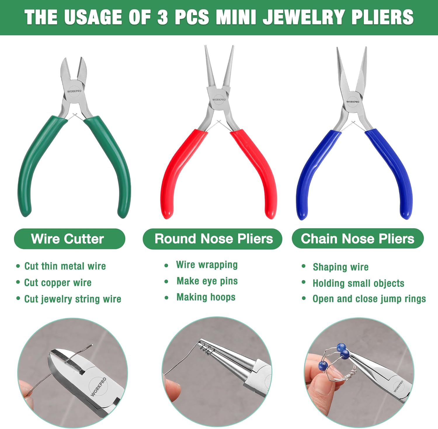 Mini jewelry pliers set: wire cutter, round nose, and chain nose pliers with green, red, blue handles