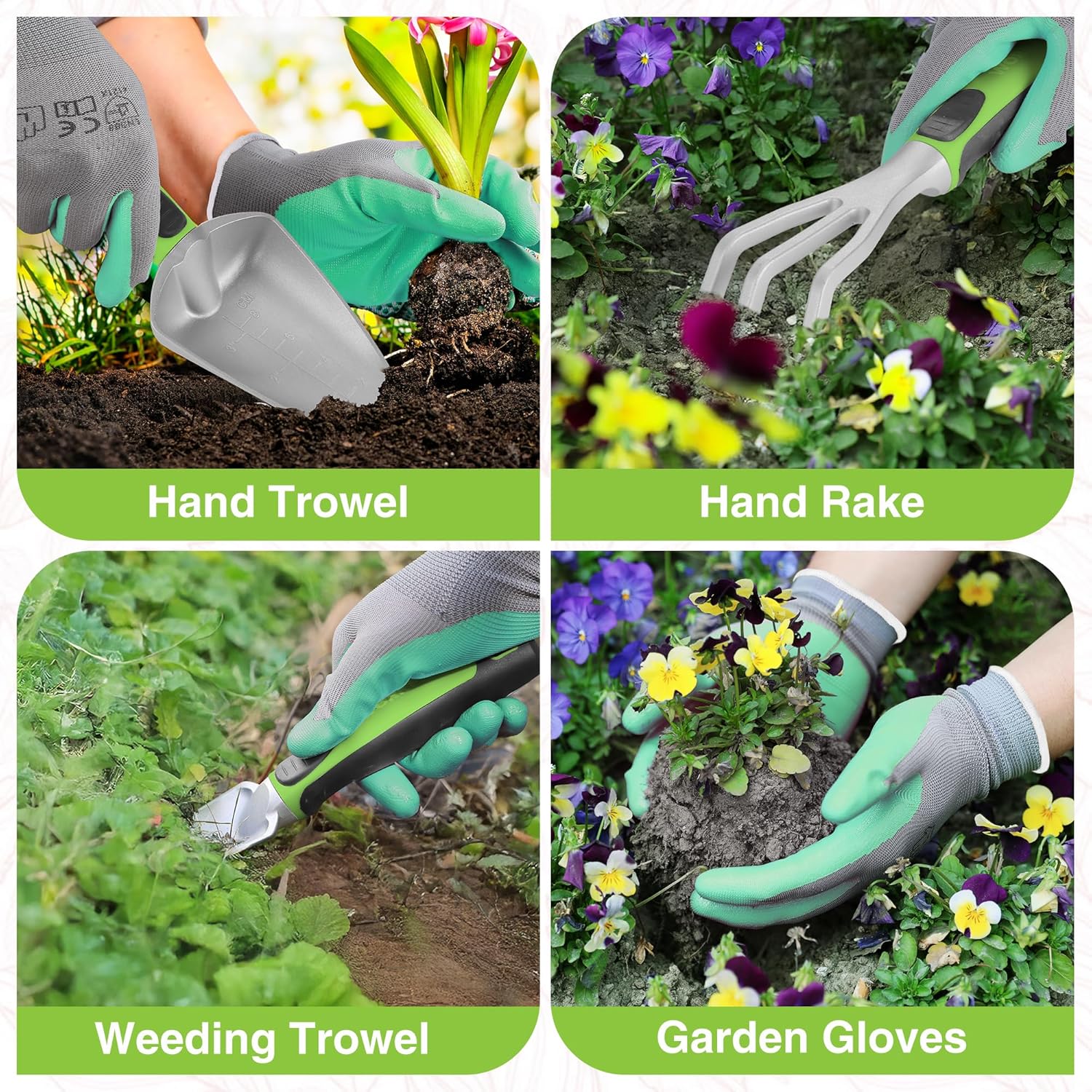 Garden hand tools set with trowel, hand rake, weeding trowel, and green gloves