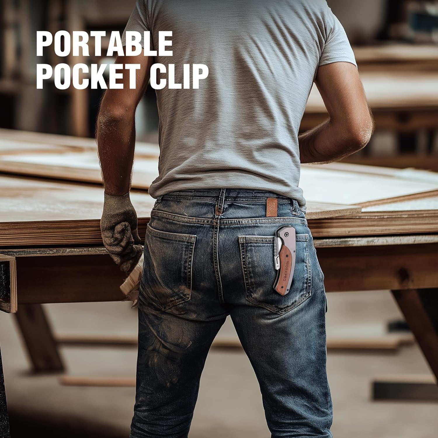WORKPRO folding utility knife clipped in a jeans pocket for portable carry
