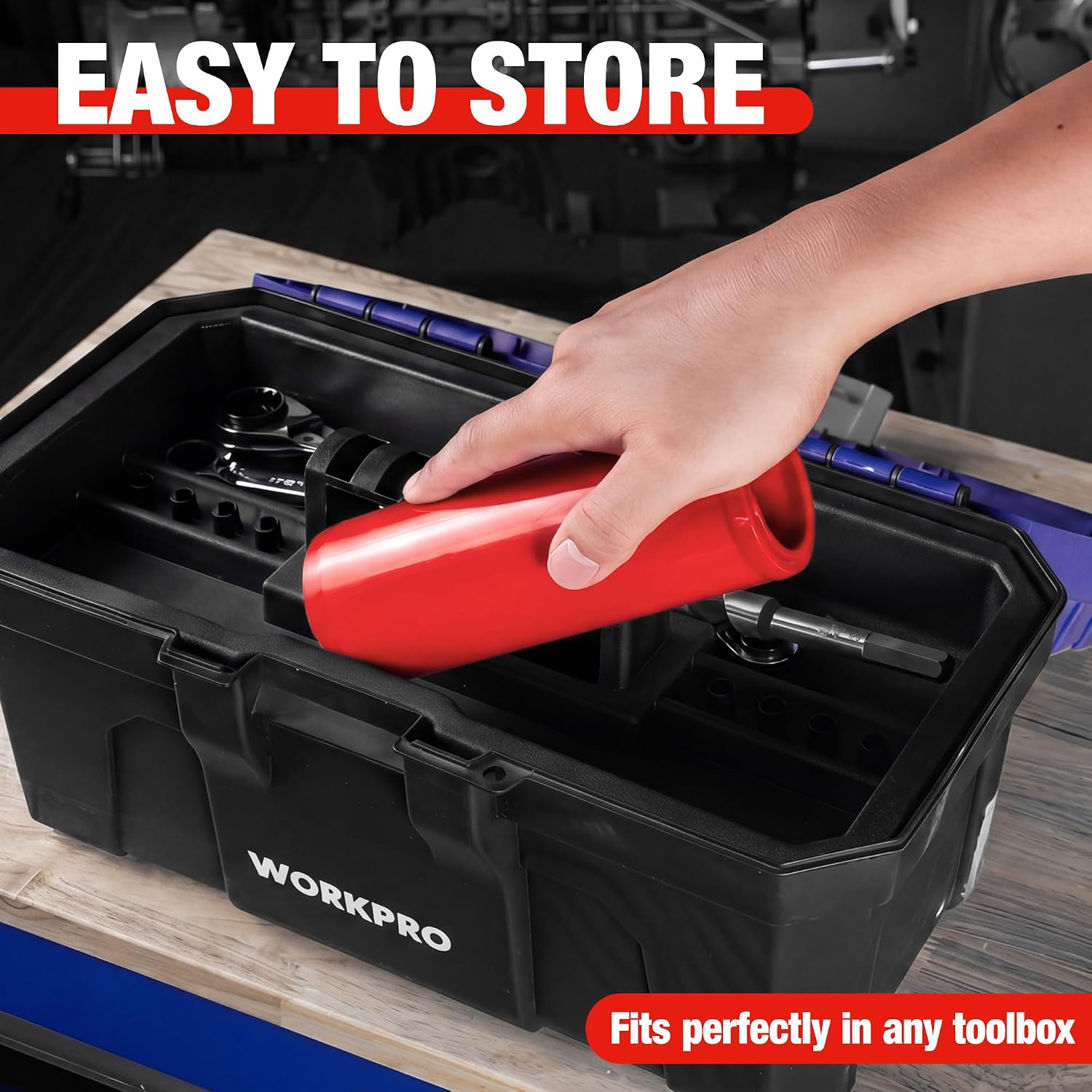 WORKPRO red oil funnel stored inside a black toolbox