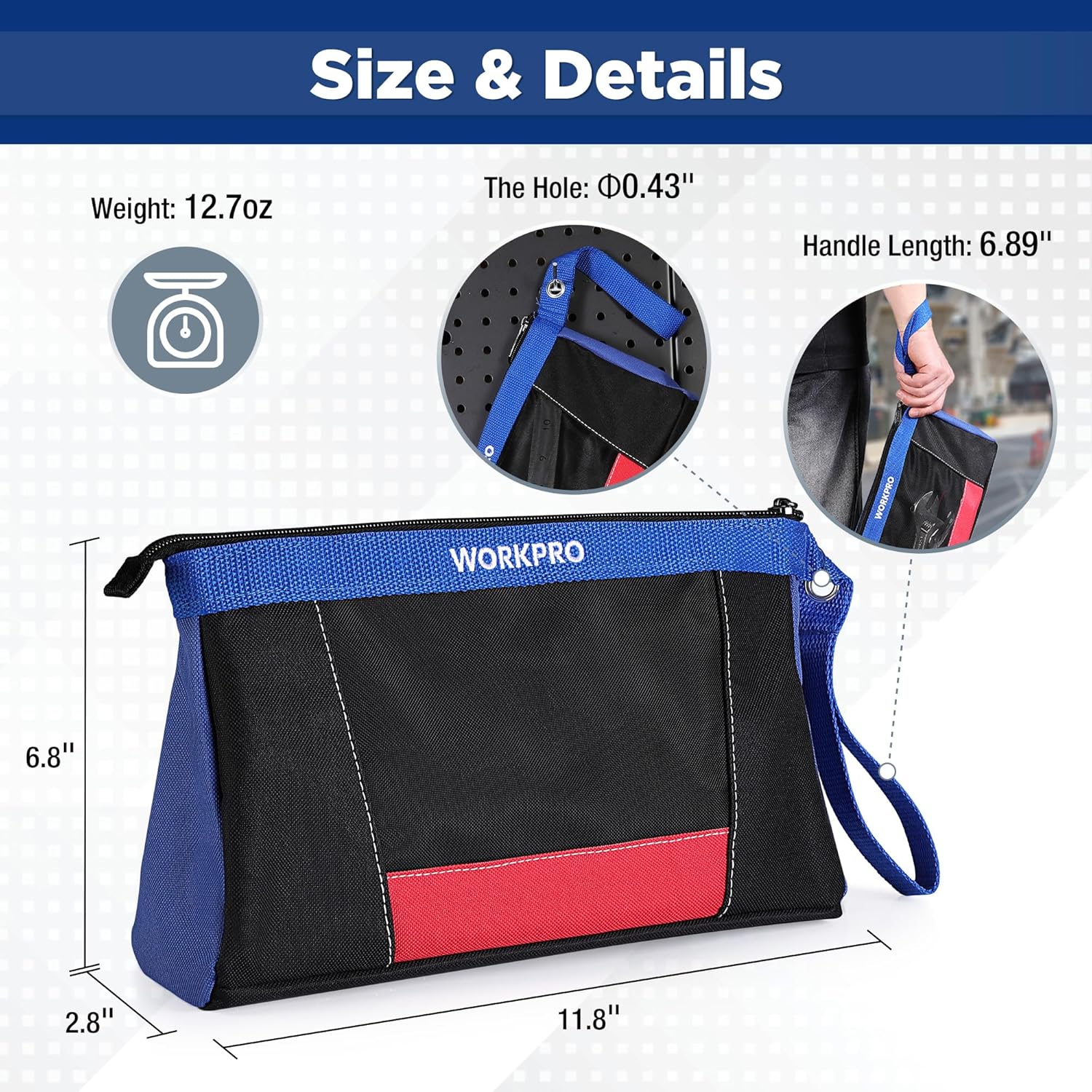 12-inch black and blue zipper utility tool pouch with red front panel and side handle
