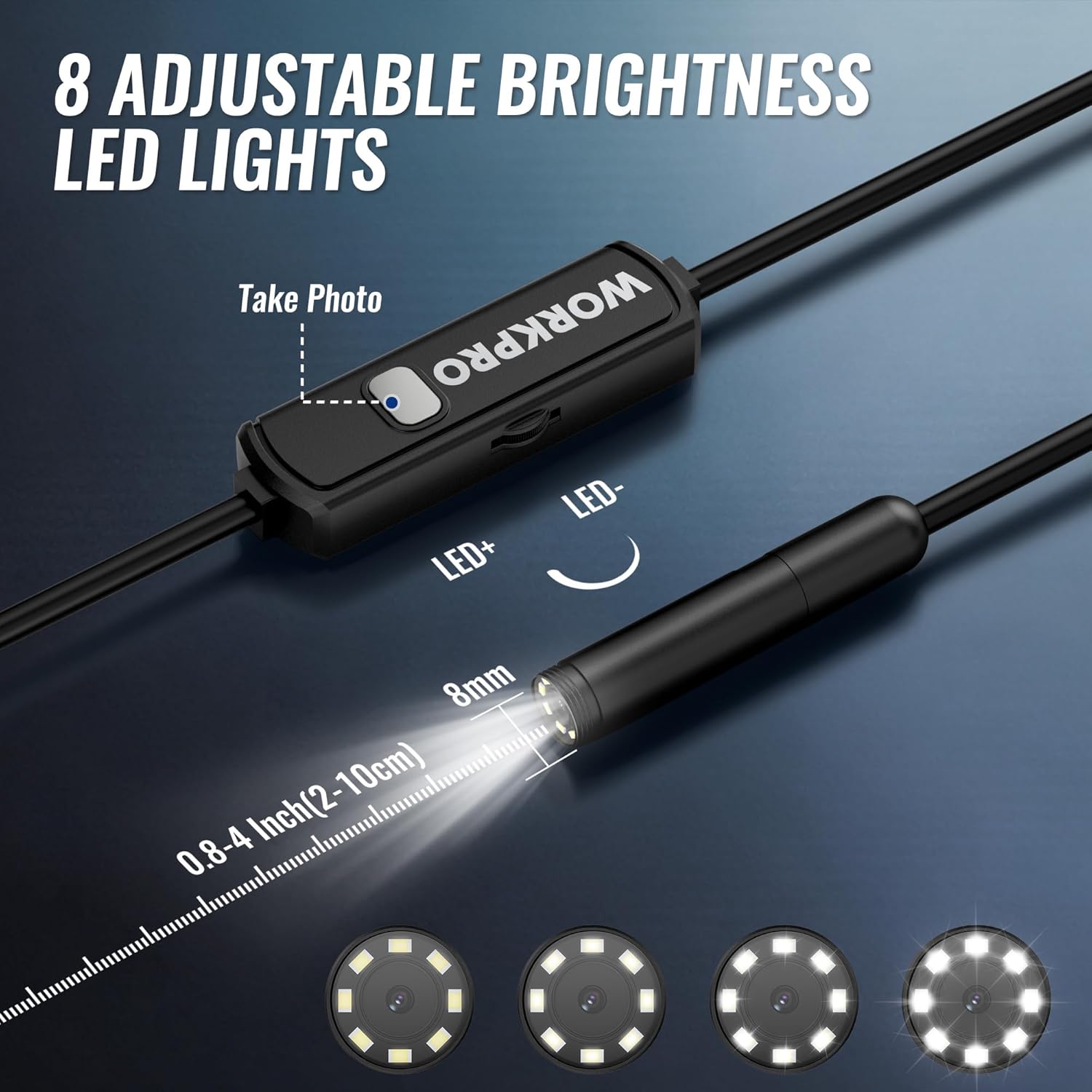Endoscope controller with adjustable LED lights and measurement-marked probe