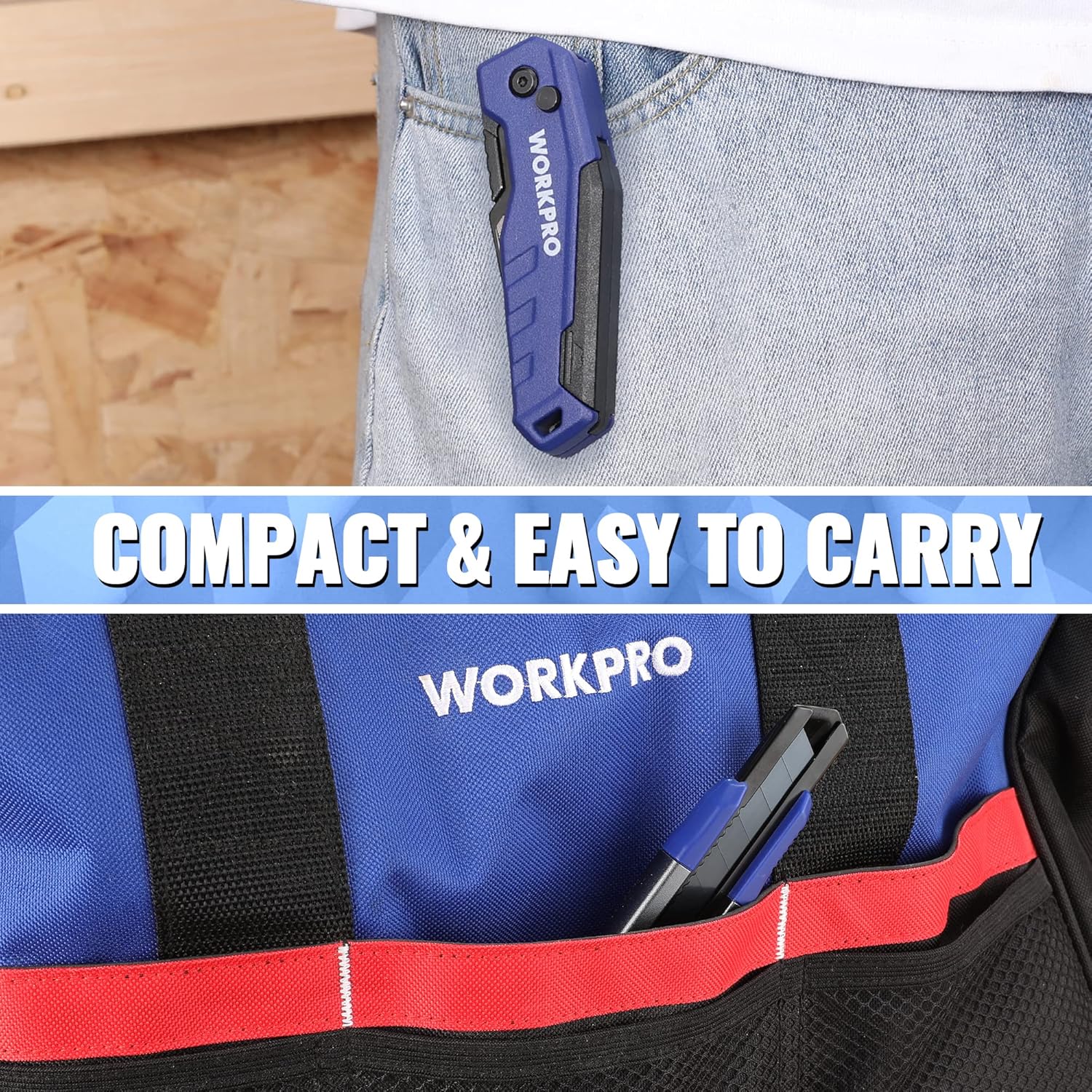 WORKPRO utility knife clipped inside compact carry pouch, blue and red case