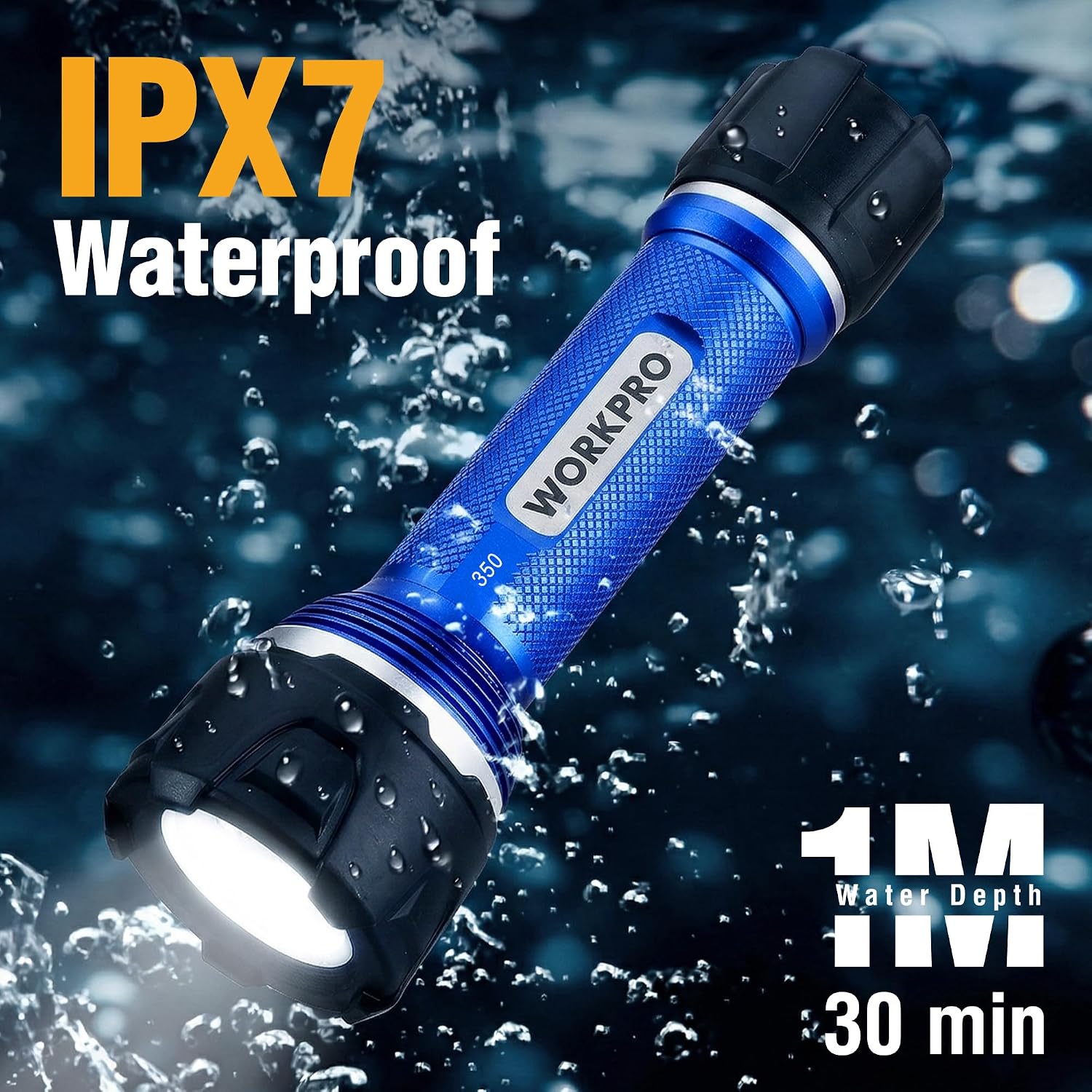 WORKPRO IPX7 waterproof flashlight, blue knurled body with bright white front light