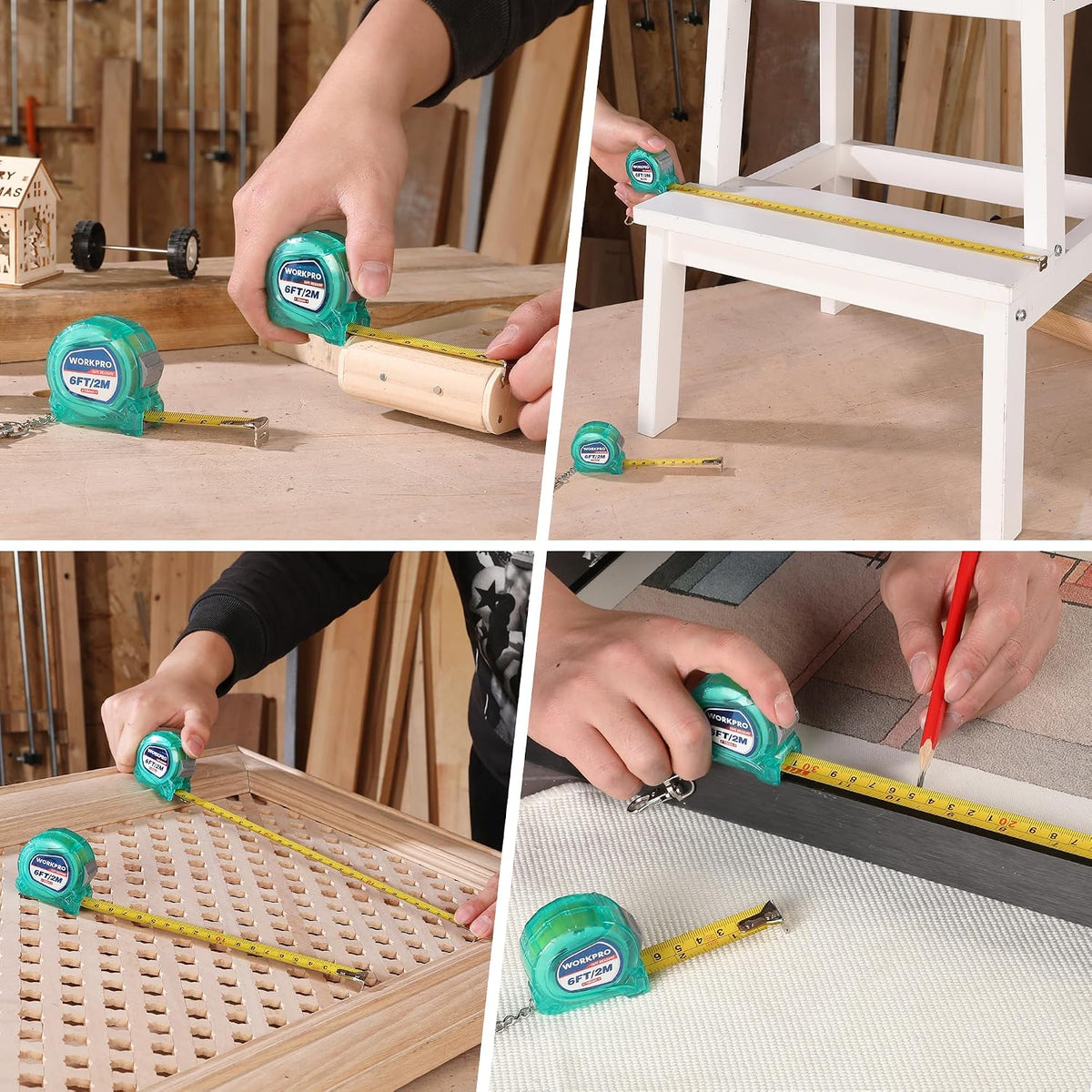 Green retractable keychain tape measure measuring wood boards and tabletop edges