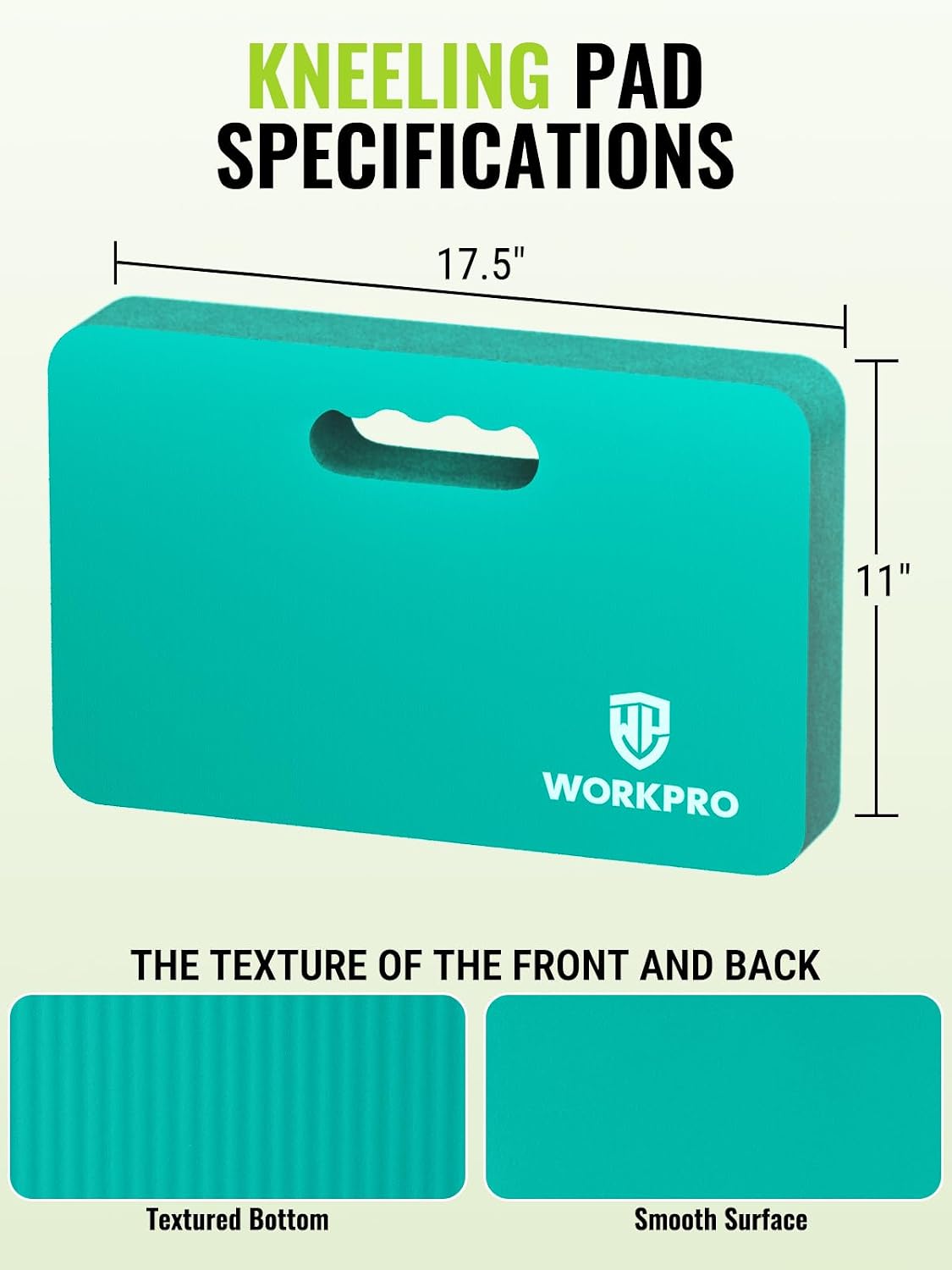 Teal kneeling pad with handle cutout and textured bottom, supportive foam cushioning