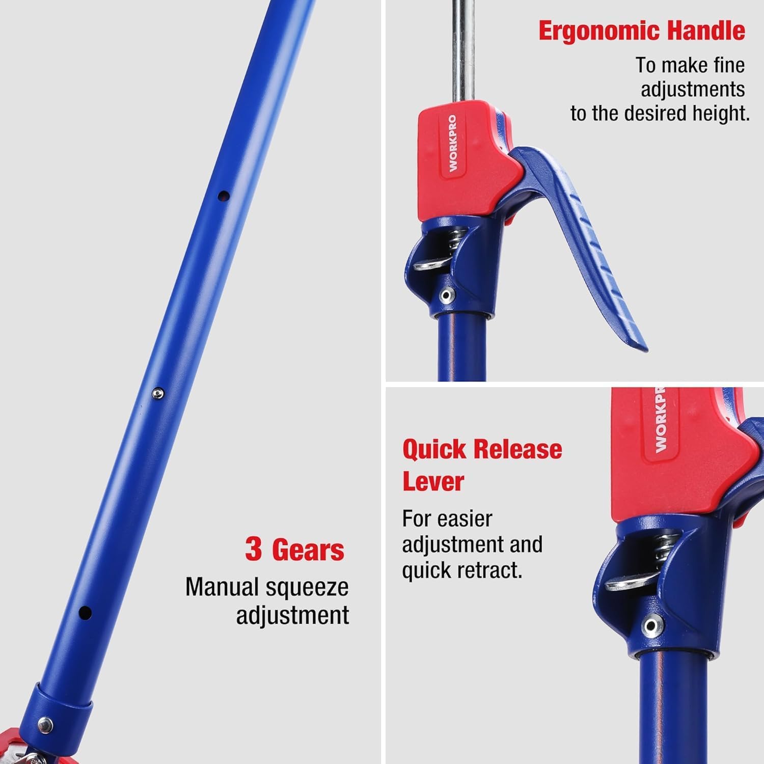WORKPRO telescopic support pole with quick-release lever and ergonomic blue handle