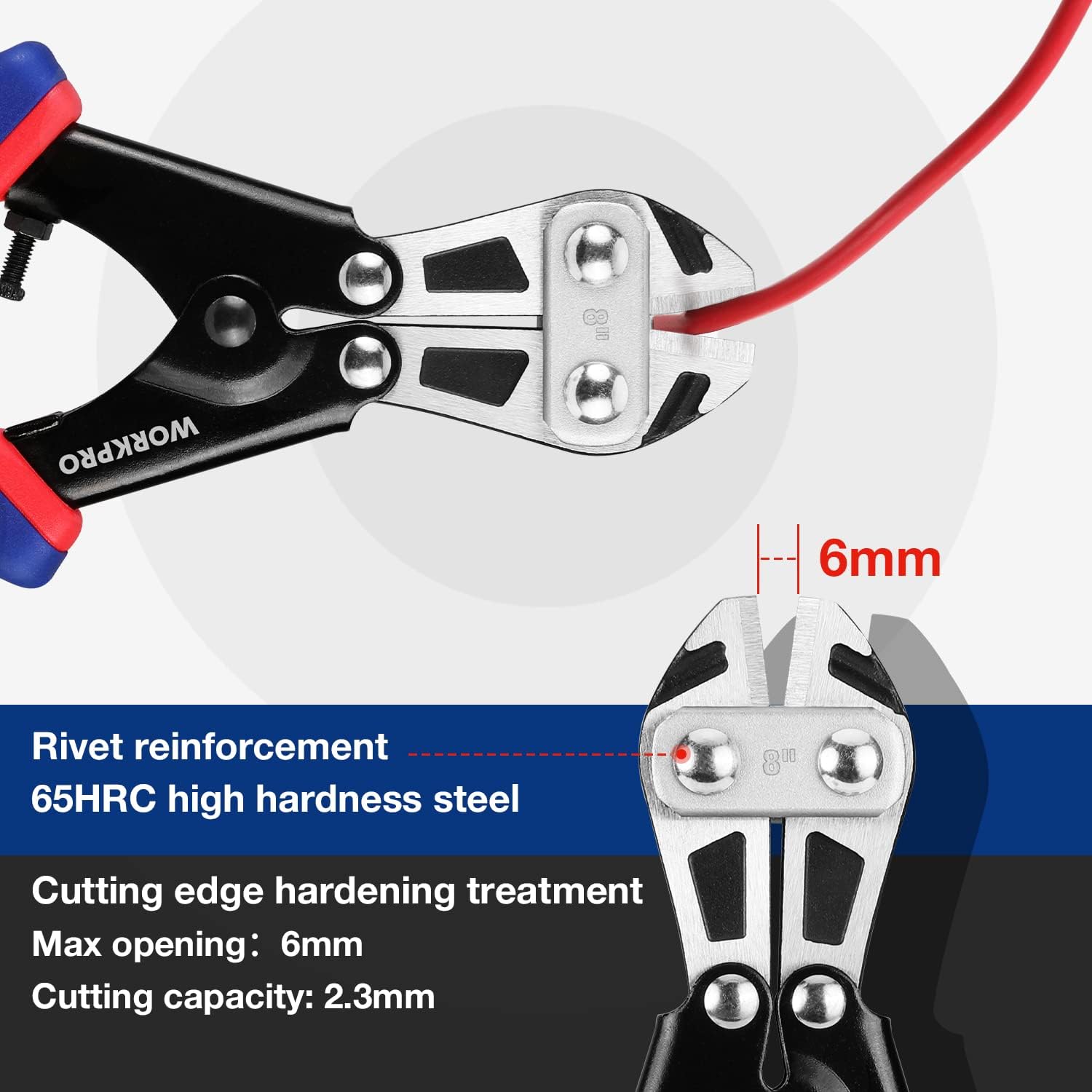 Mini bolt cutter head with spring jaws and 8 mm cutting capacity marking