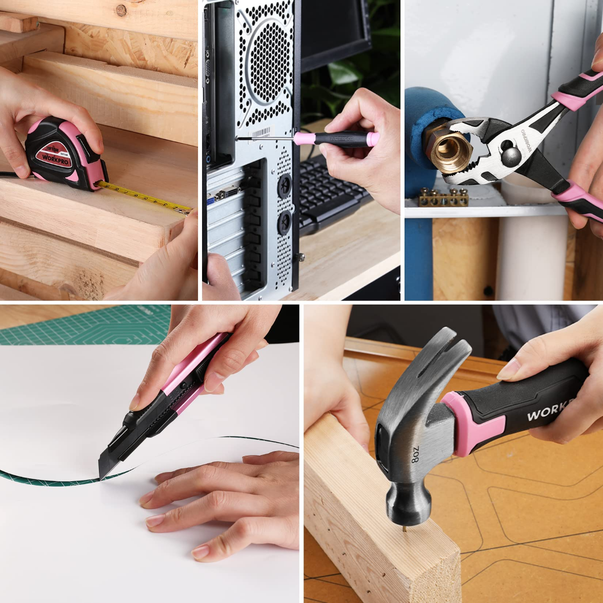 Pink and black hand tools and cordless driver used for measuring and fastening