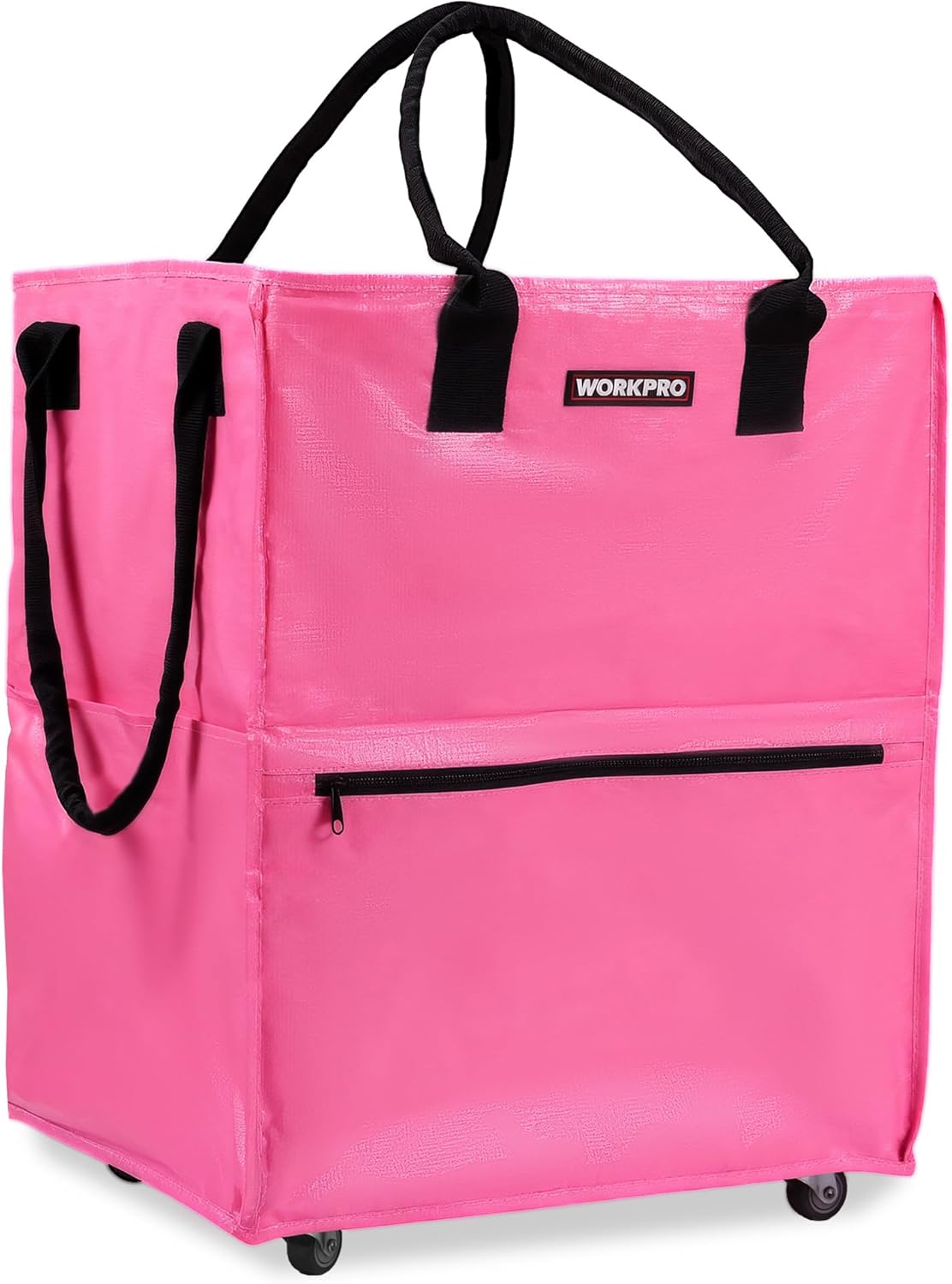 Pink rolling grocery tote with black wheels, top handles, and front zipper compartment