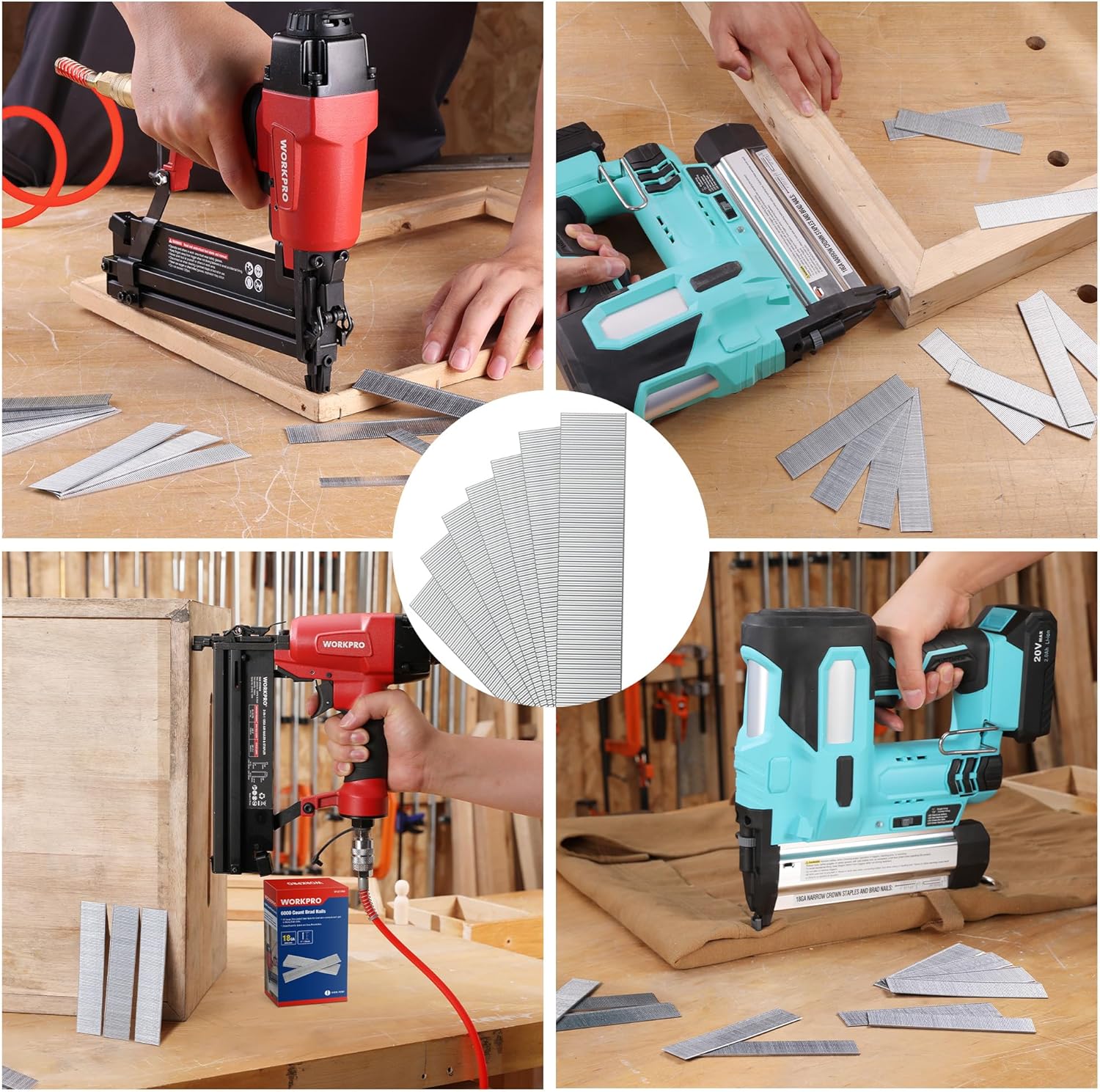 18-gauge 1 in brad nails loaded in a nailer, steel finishing nails