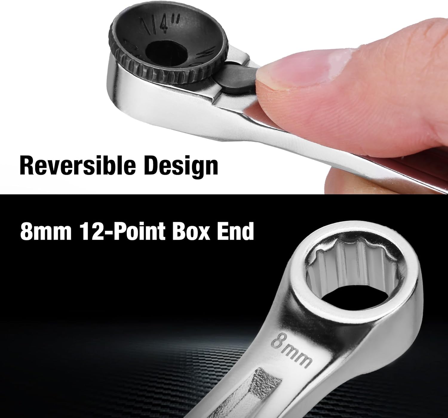 8mm 12-point box end mini ratcheting screwdriver with reversible switch and black grip