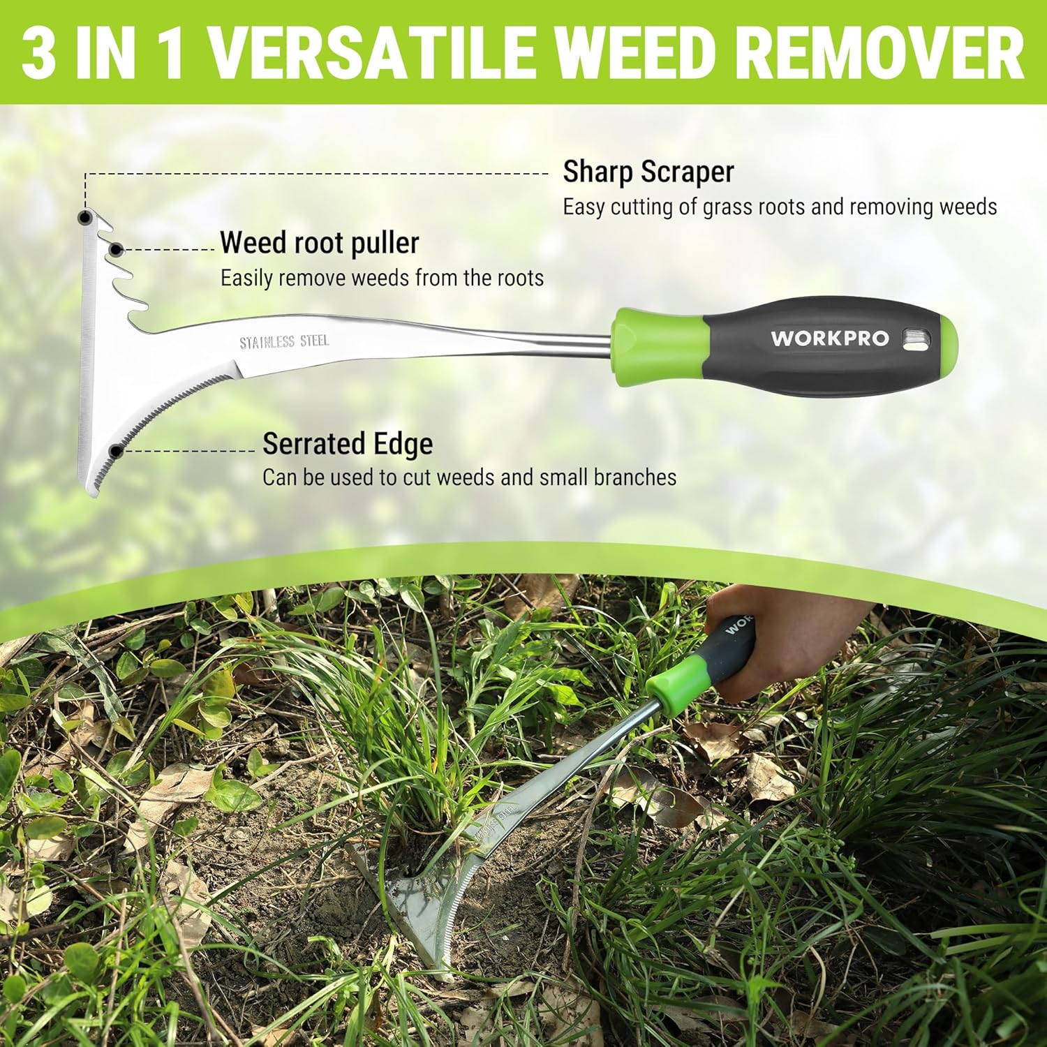 3-in-1 weed remover tool with green handle, serrated edge, and root puller