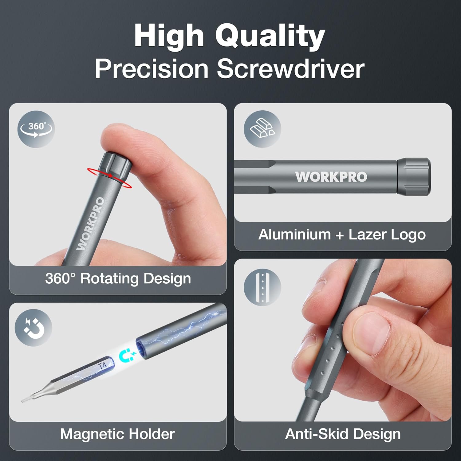 WORKPRO precision screwdriver with 360° rotating handle and anti-skid grip, held in hand