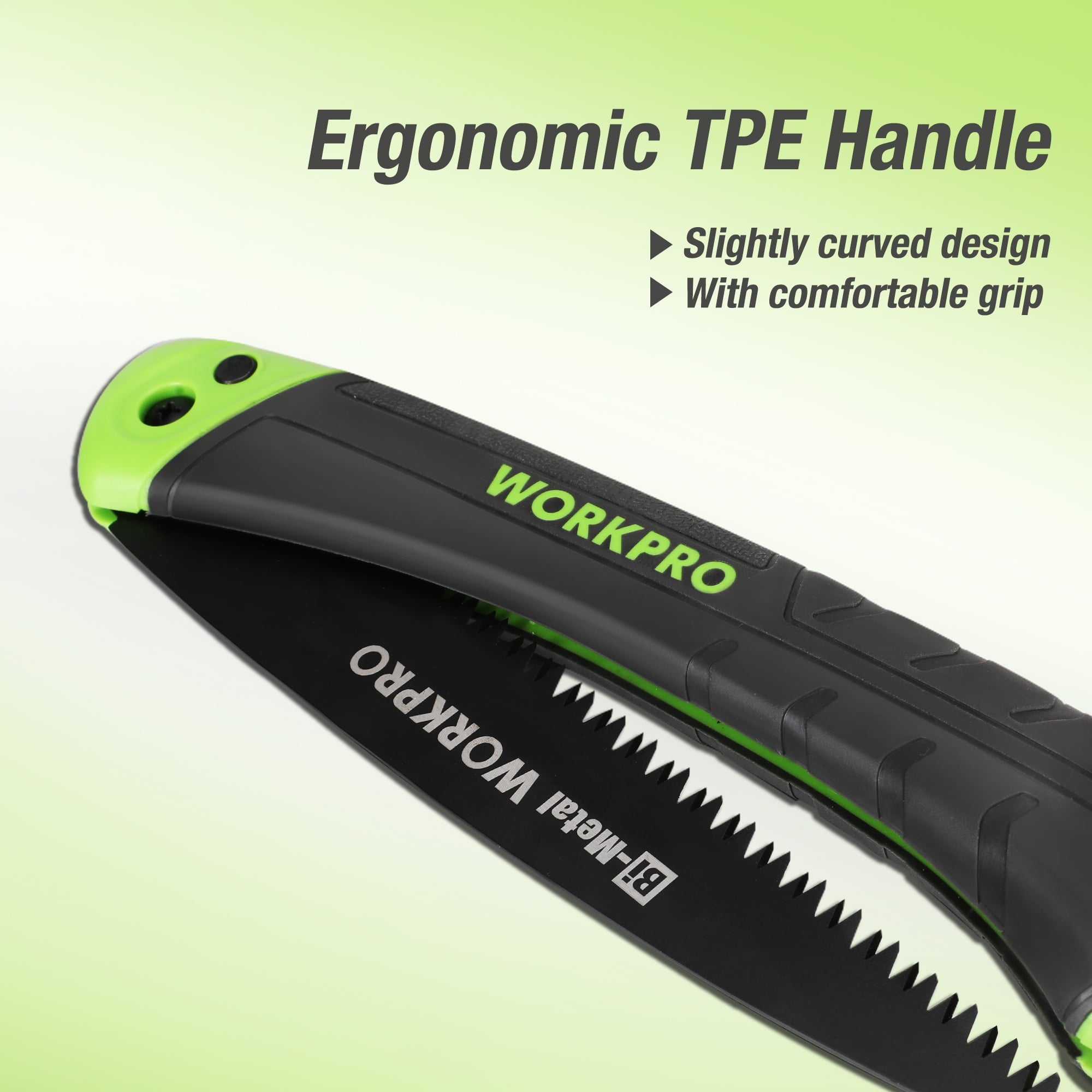 Ergonomic folding pruning saw with slightly curved green-and-black handle