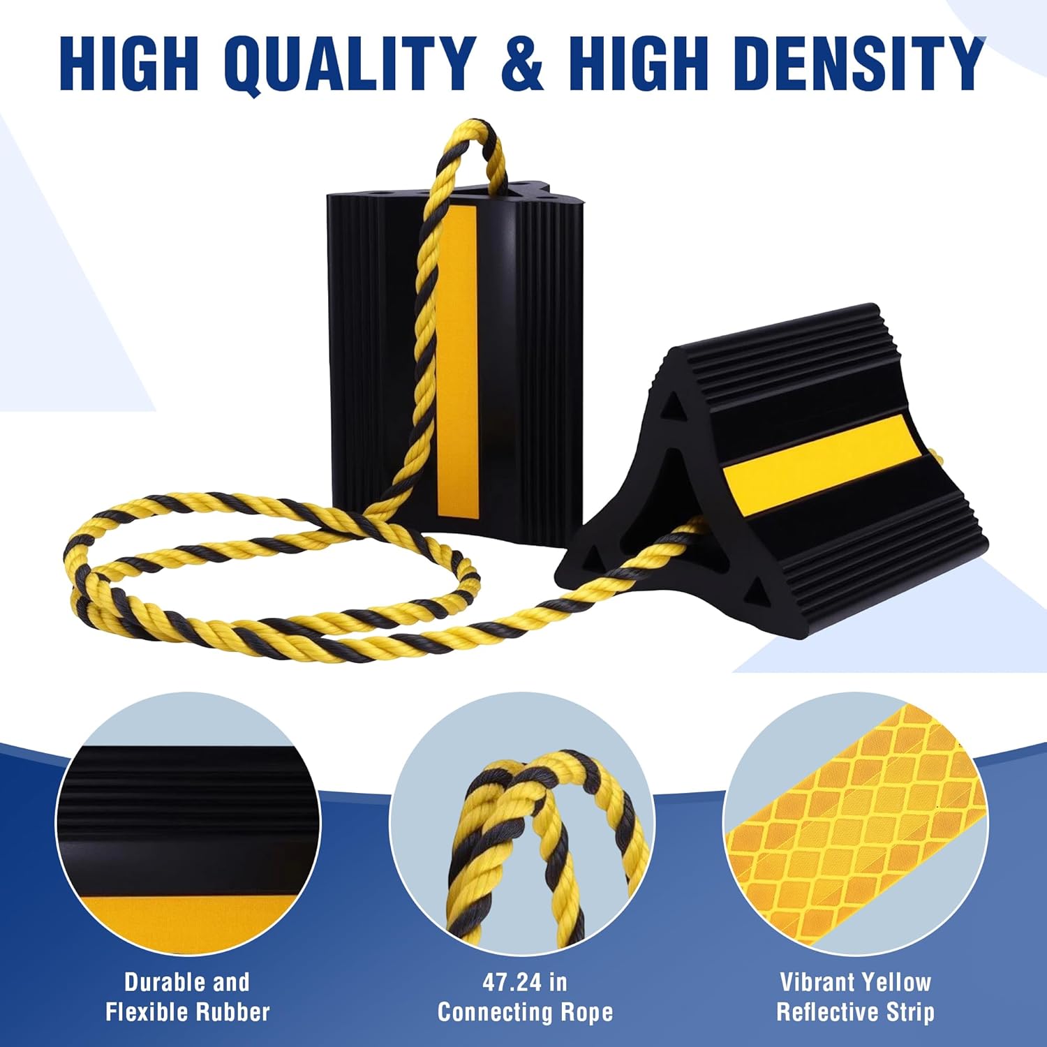 4-pack rubber wheel chocks with rope, black wedges and yellow reflective stripes