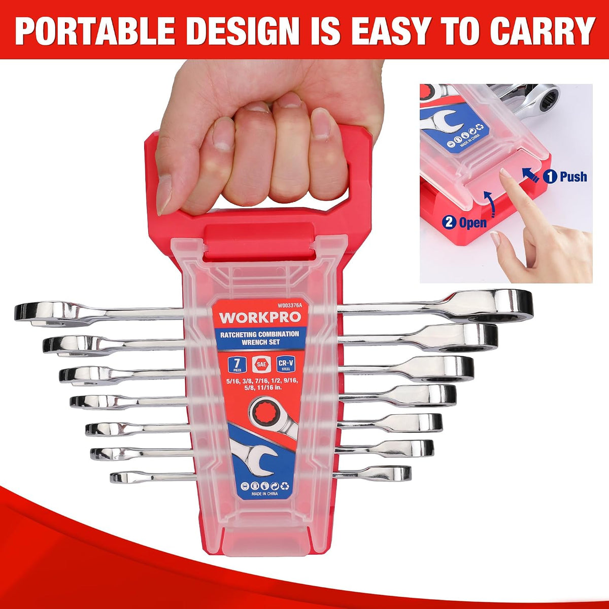 WORKPRO Ratcheting Wrench Set, SAE, 7-piece Ratcheting Combination Wrench Set, 5/16'', 3/8'', 7/16'', 1/2'', 9/16'', 5/8'', 18/16'', 12-Point, CR-V Steel, with Organizer Rack