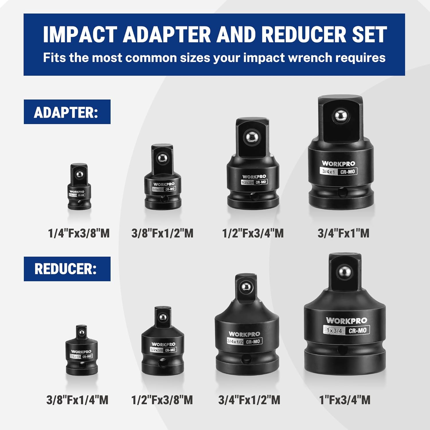 WORKPRO impact socket adapter and reducer set, black CR-MO steel drives and reducers