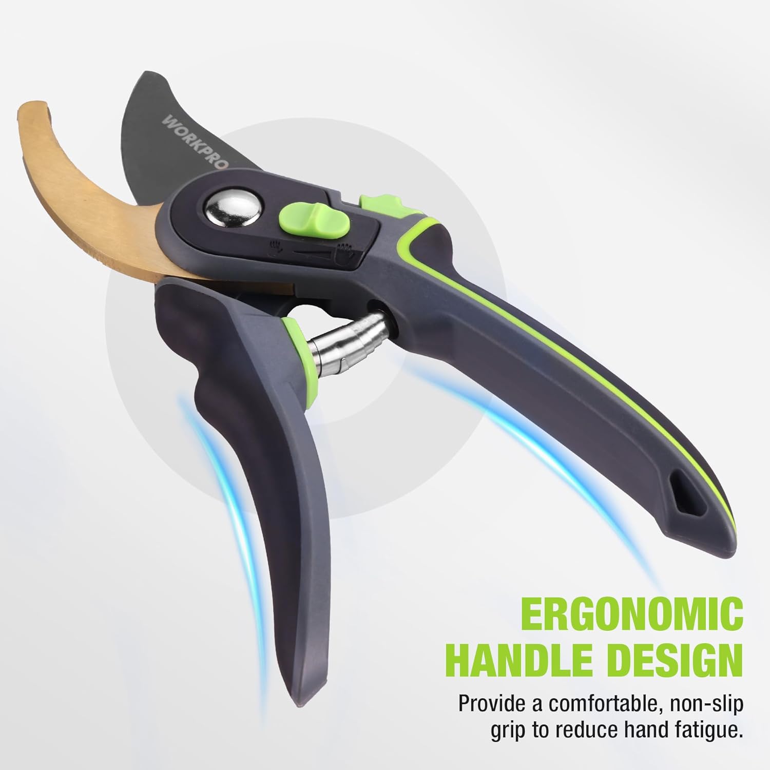 Ergonomic pruning shears with black-and-green non-slip handle and gold blade, side view