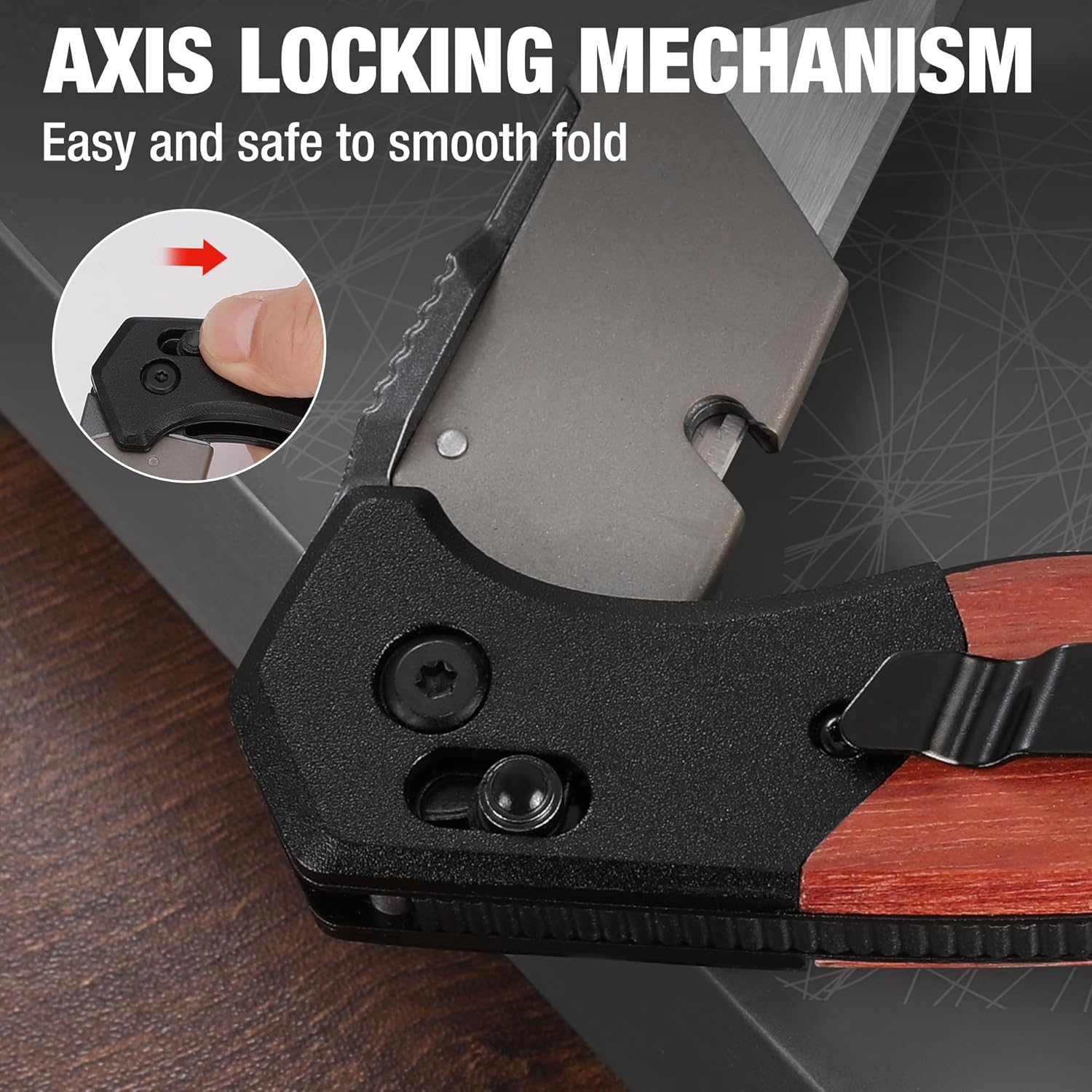 Folding utility knife with axis lock and wood handle, close-up of locking button