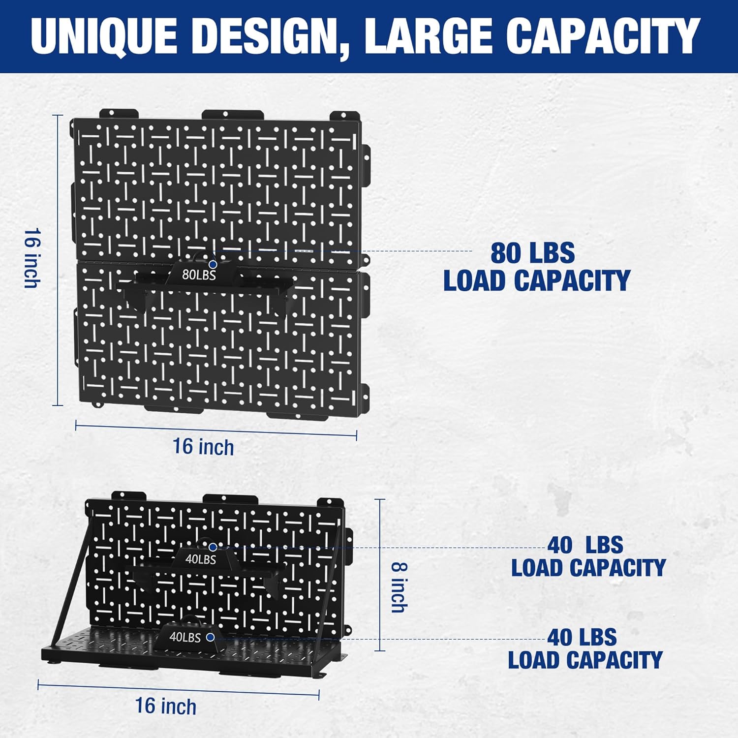 Foldable black metal pegboard, 16 x 16 in, round holes and vertical slots