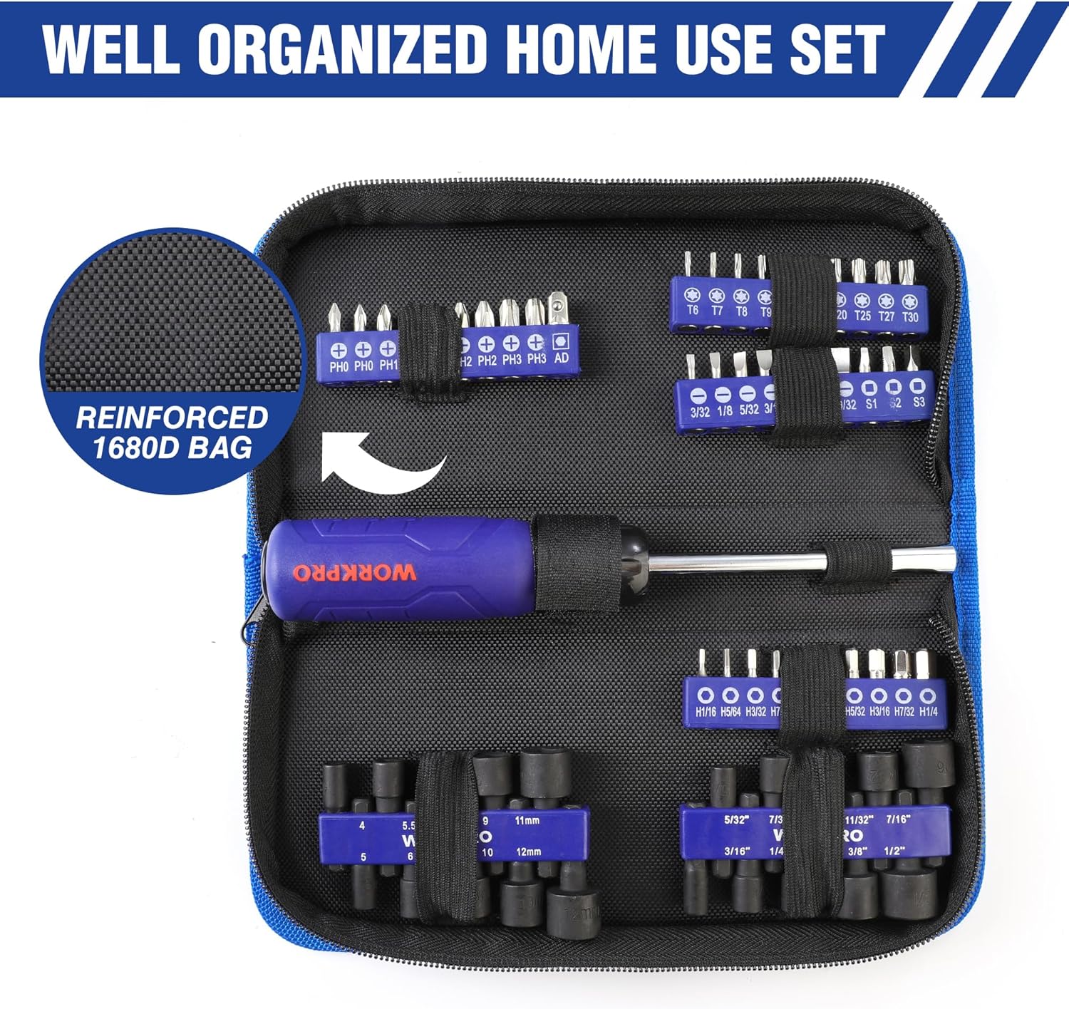 Nut driver and screwdriver bit kit in zip organizer bag with reinforced 1680D fabric.