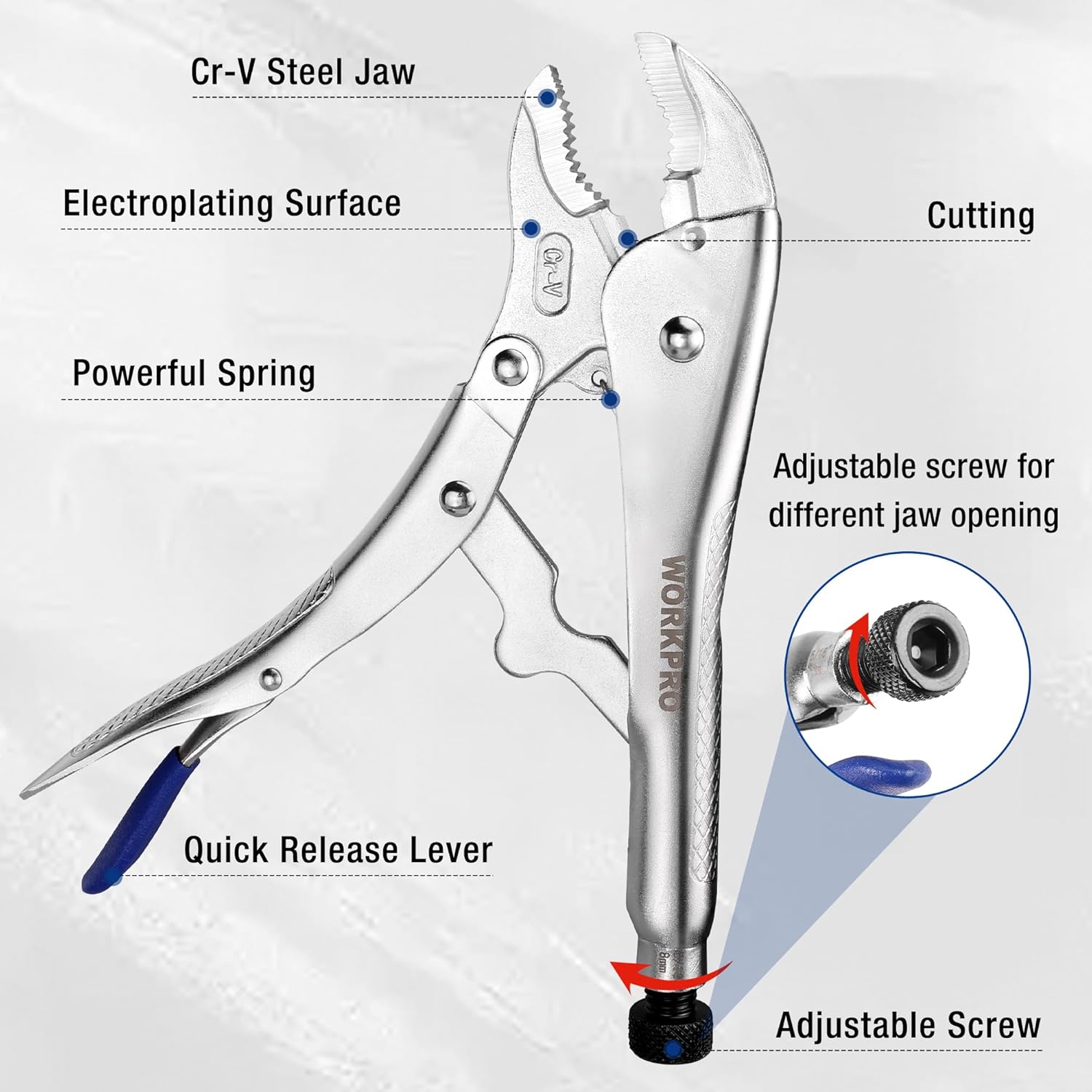 Metal locking pliers with quick release lever, adjustable screw, and Cr-V steel jaws