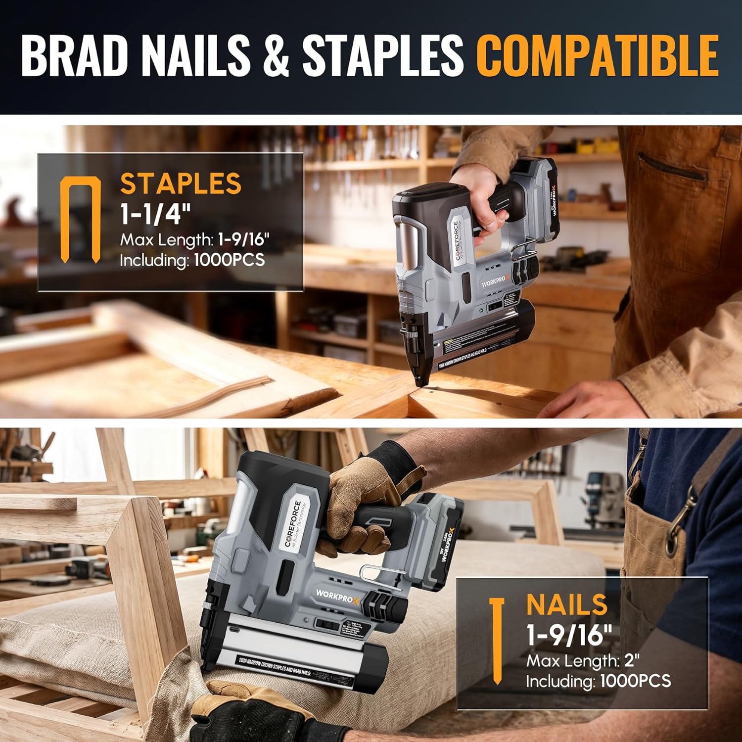 Cordless brad nailer with staple and nail compatibility, gray body for woodworking