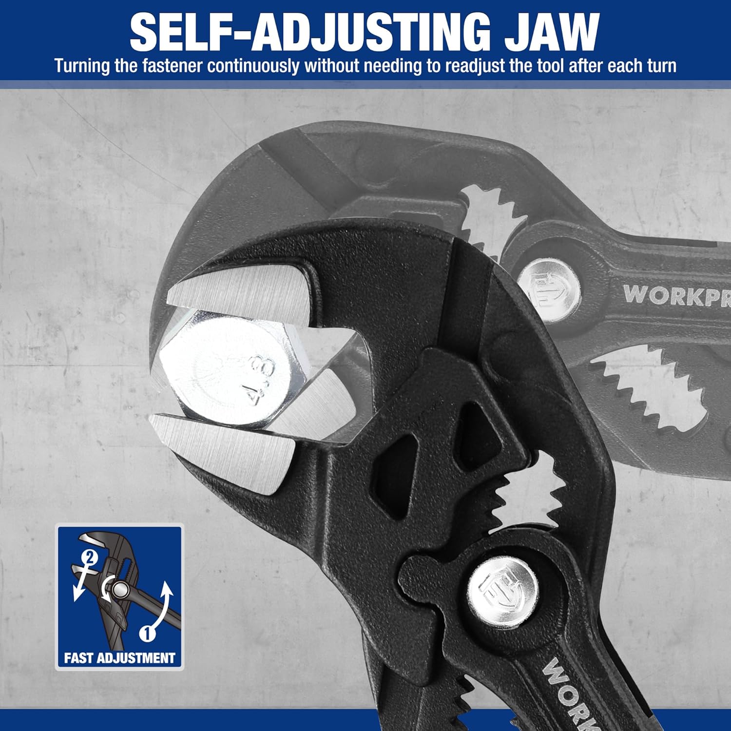 Close-up of self-adjusting jaw mechanism on black adjustable pliers