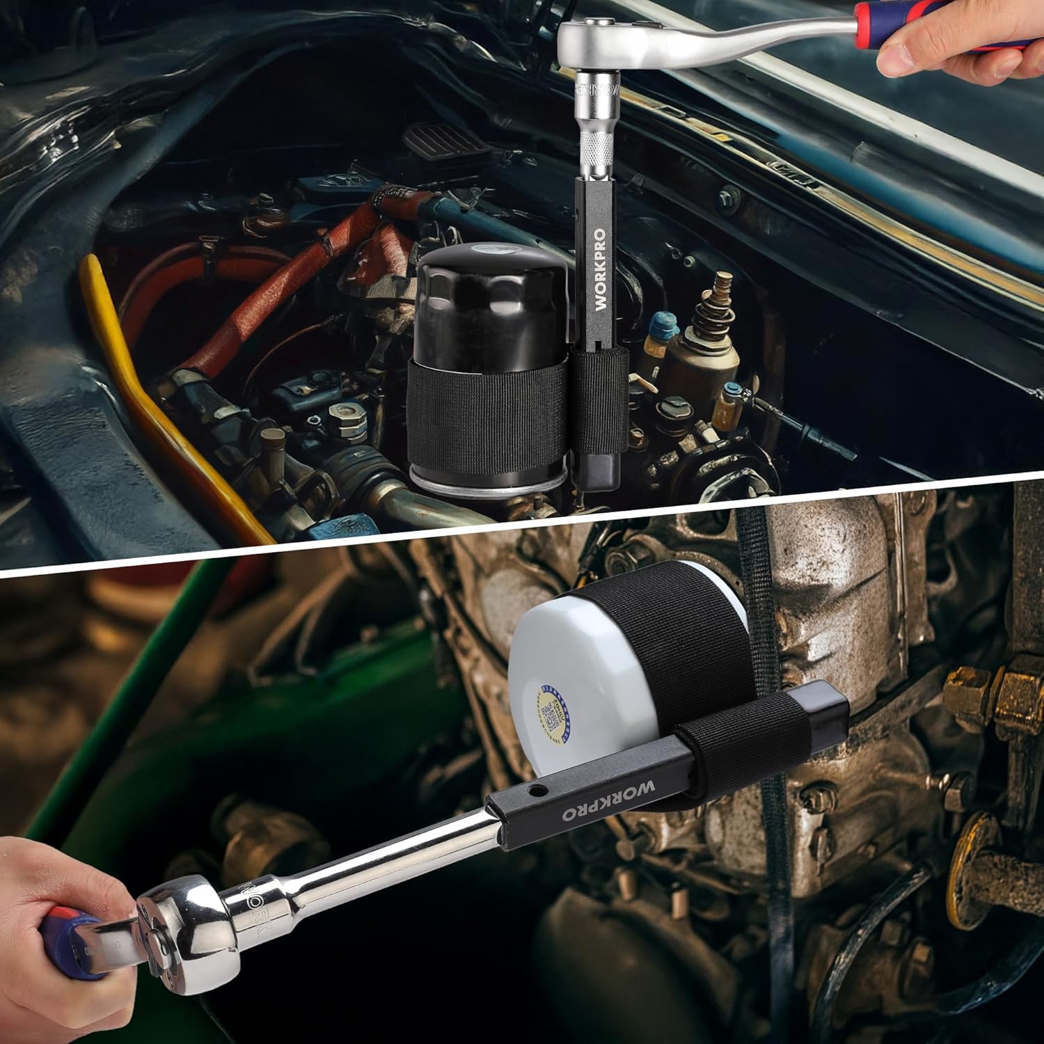 Nylon strap oil filter wrench with strap and drive extension in engine bay