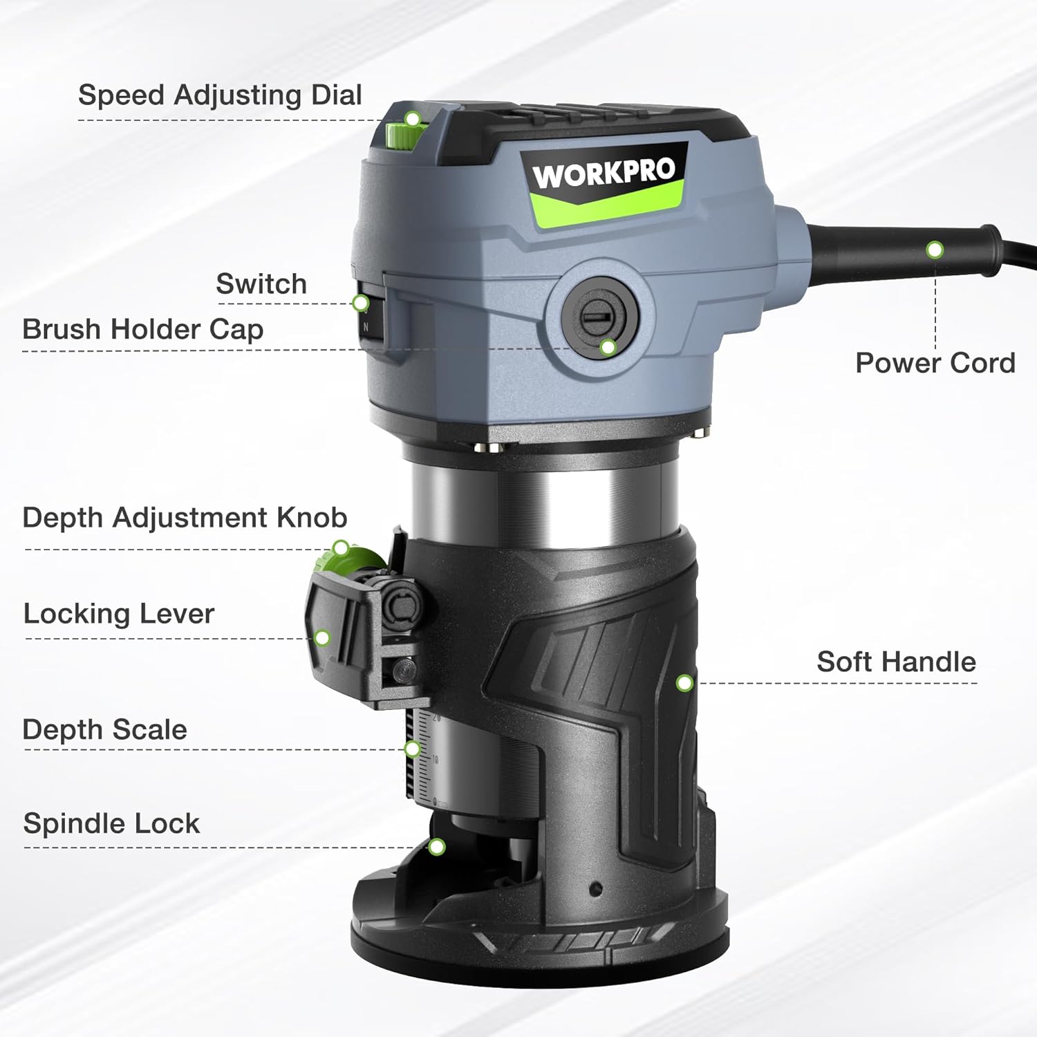 Compact corded hand trimmer router tool, gray body with black base and green accents
