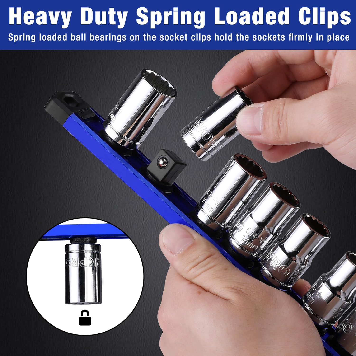Spring-loaded socket clips gripping chrome sockets on a blue magnetic rail