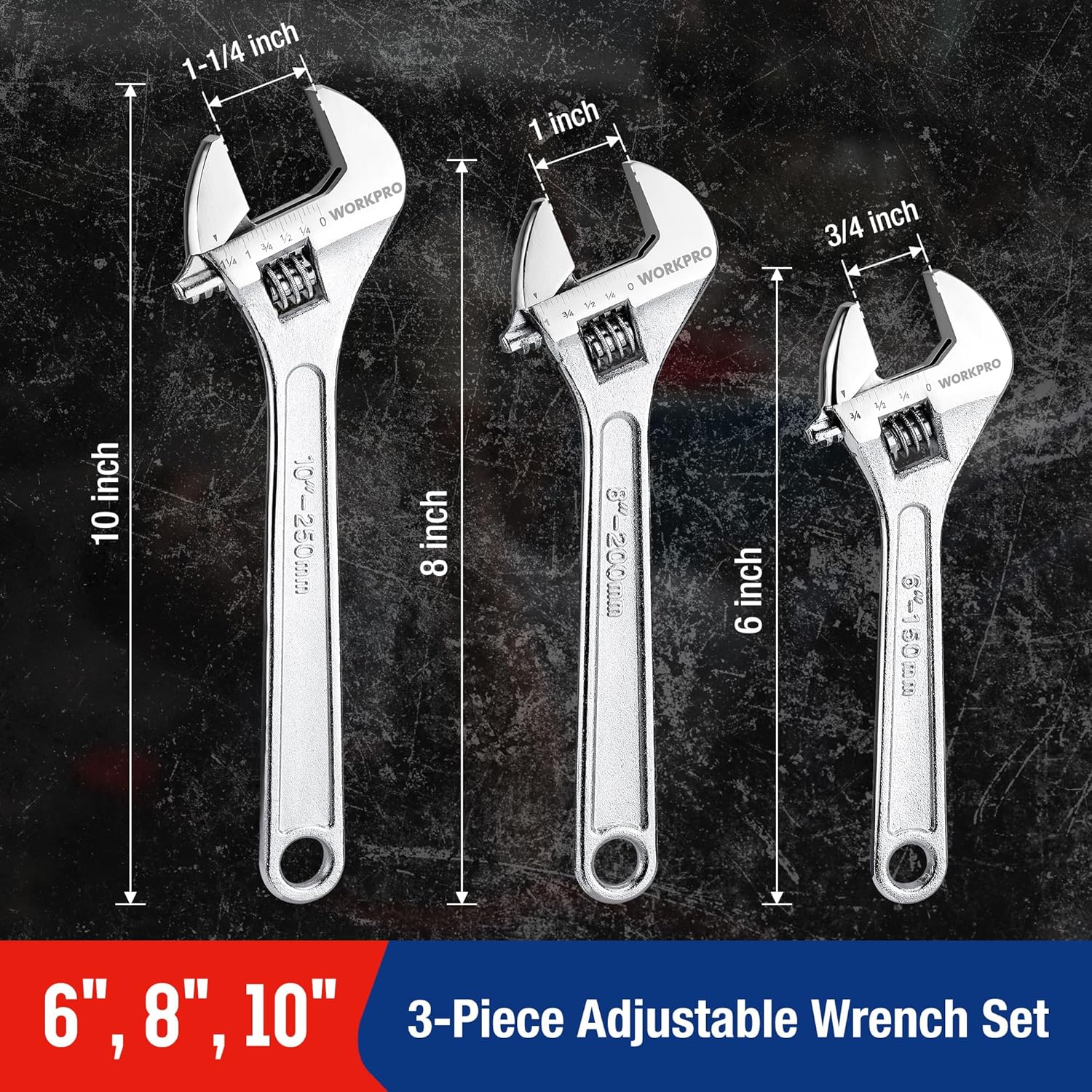 3-piece adjustable wrench set, chrome-plated steel with SAE and metric markings