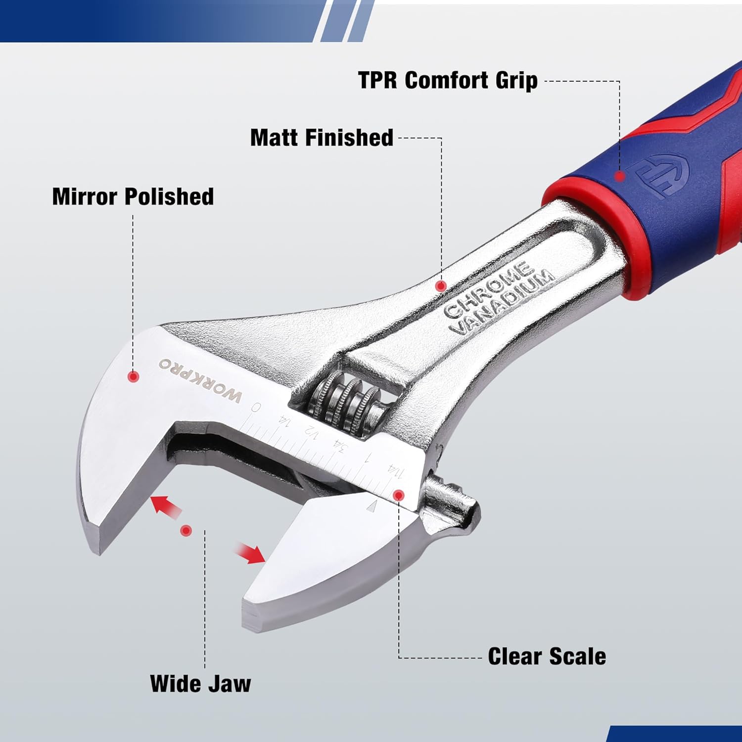 Chrome-plated adjustable wrench head with clear metric/SAE scale and wide jaw