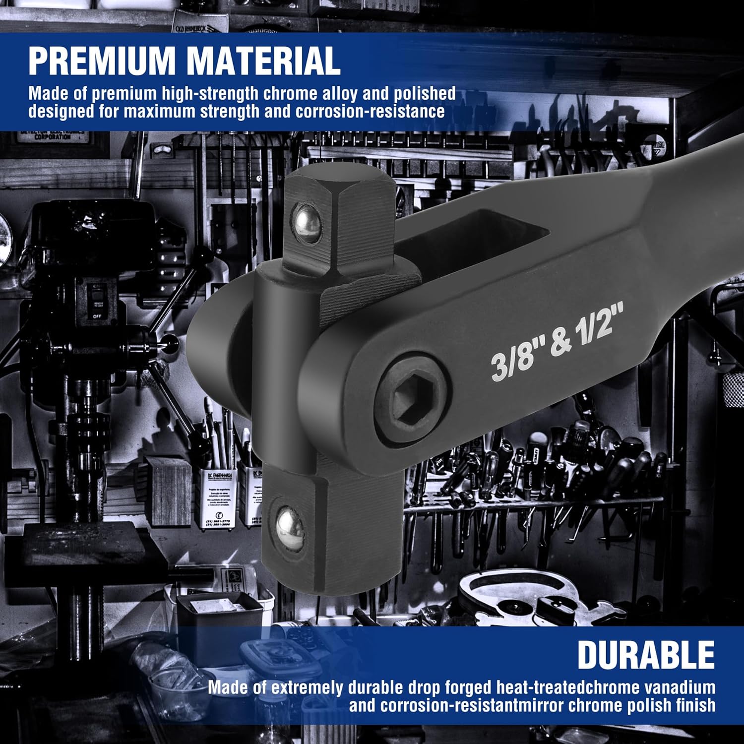 Dual-drive breaker bar head in black with mirror-chrome vanadium steel socket drive