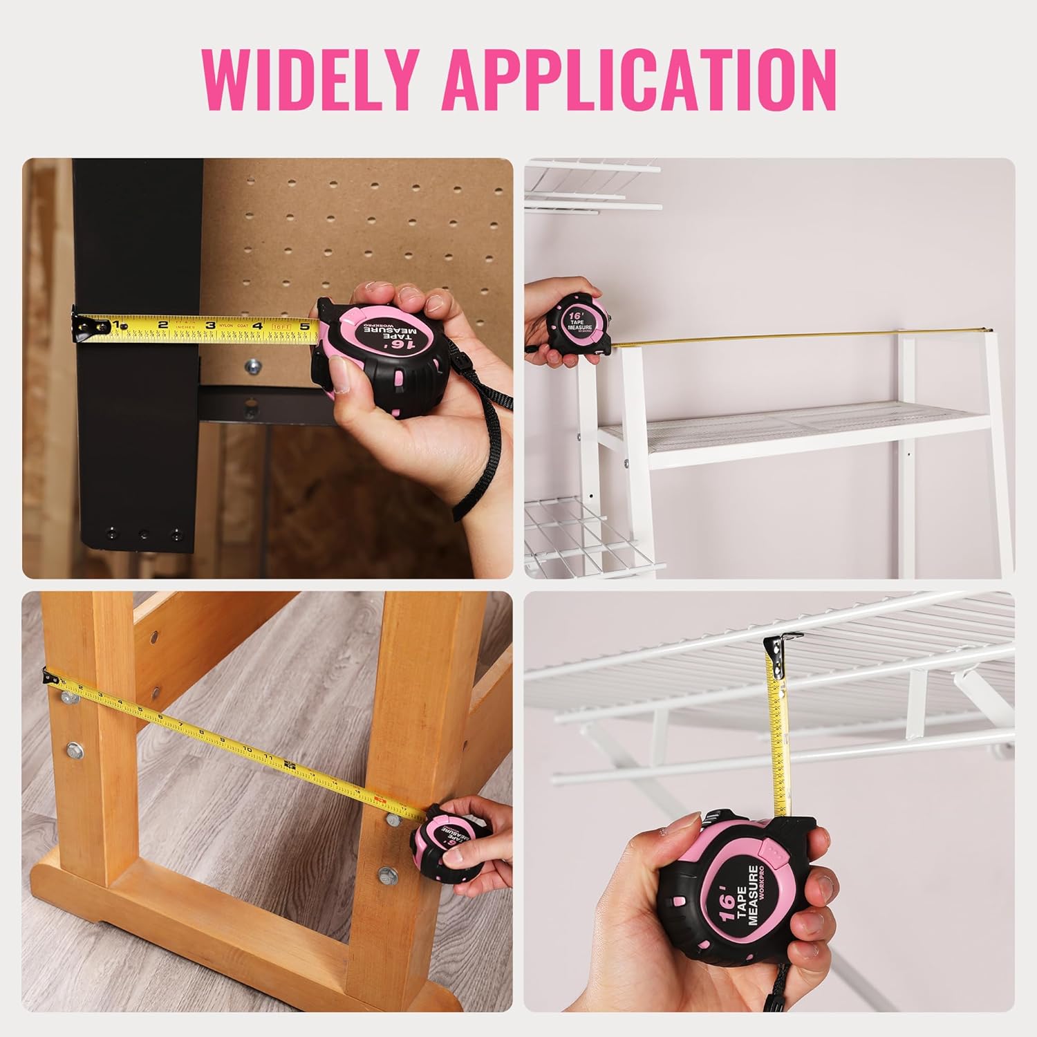 Pink and black tape measure being held with yellow blade extended for measuring