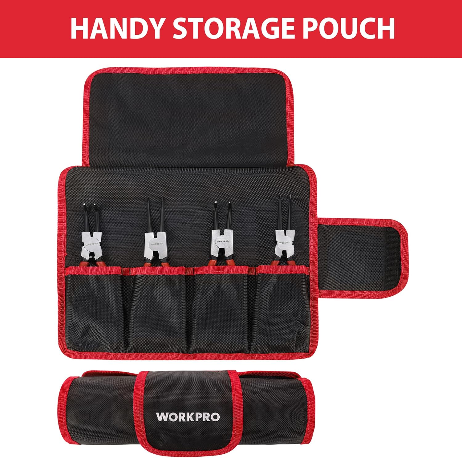 Snap ring pliers storage pouch with four tool slots and matching black and red wrap