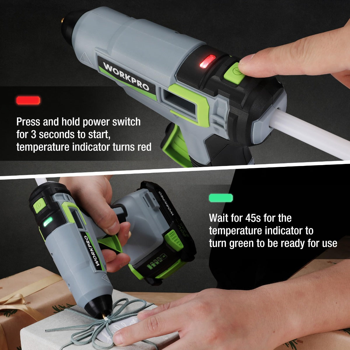 WORKPRO cordless hot glue gun showing red temperature light and green ready indicator