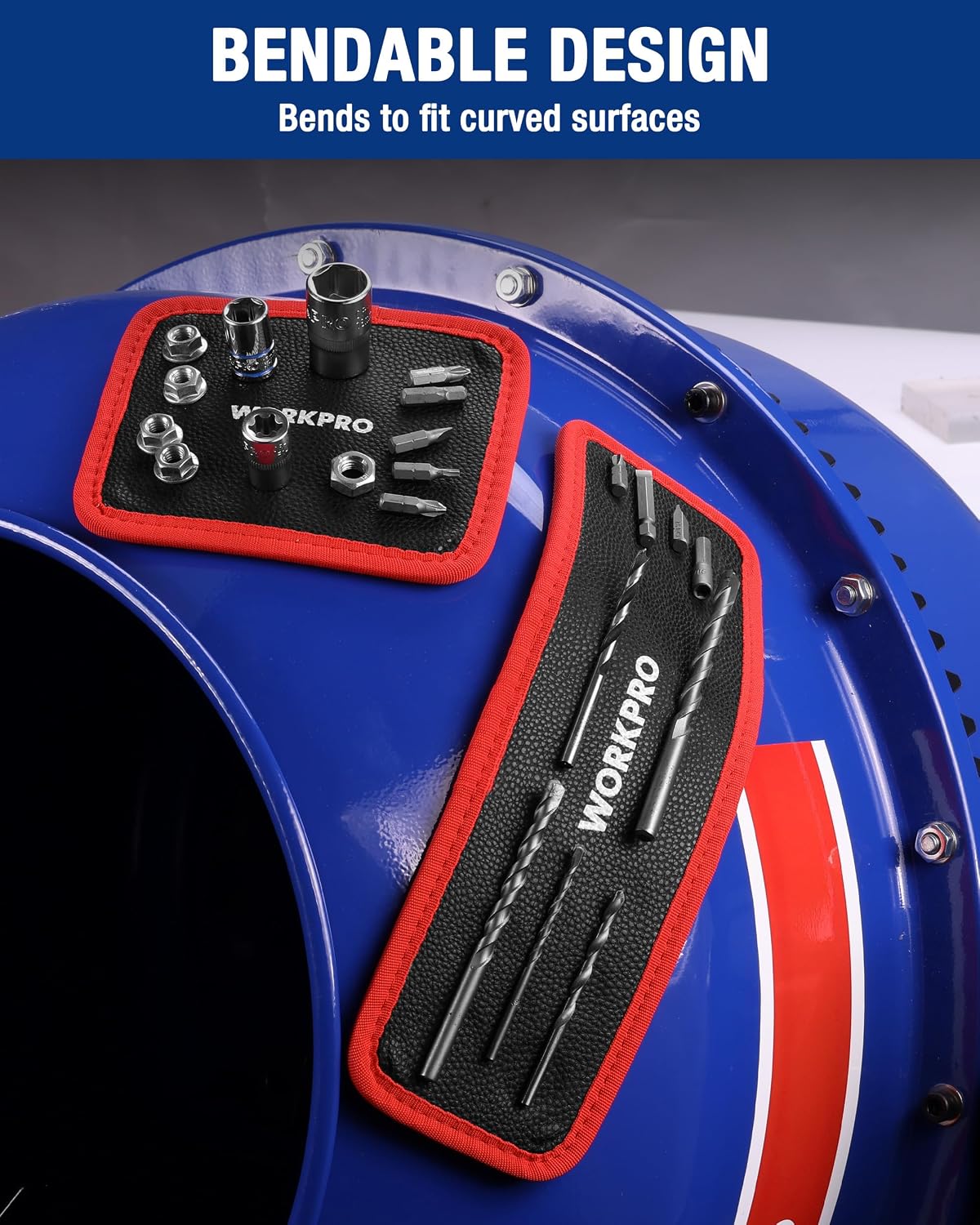 Bendable magnetic tool holder tray with red trim holding tools on curved vehicle surface