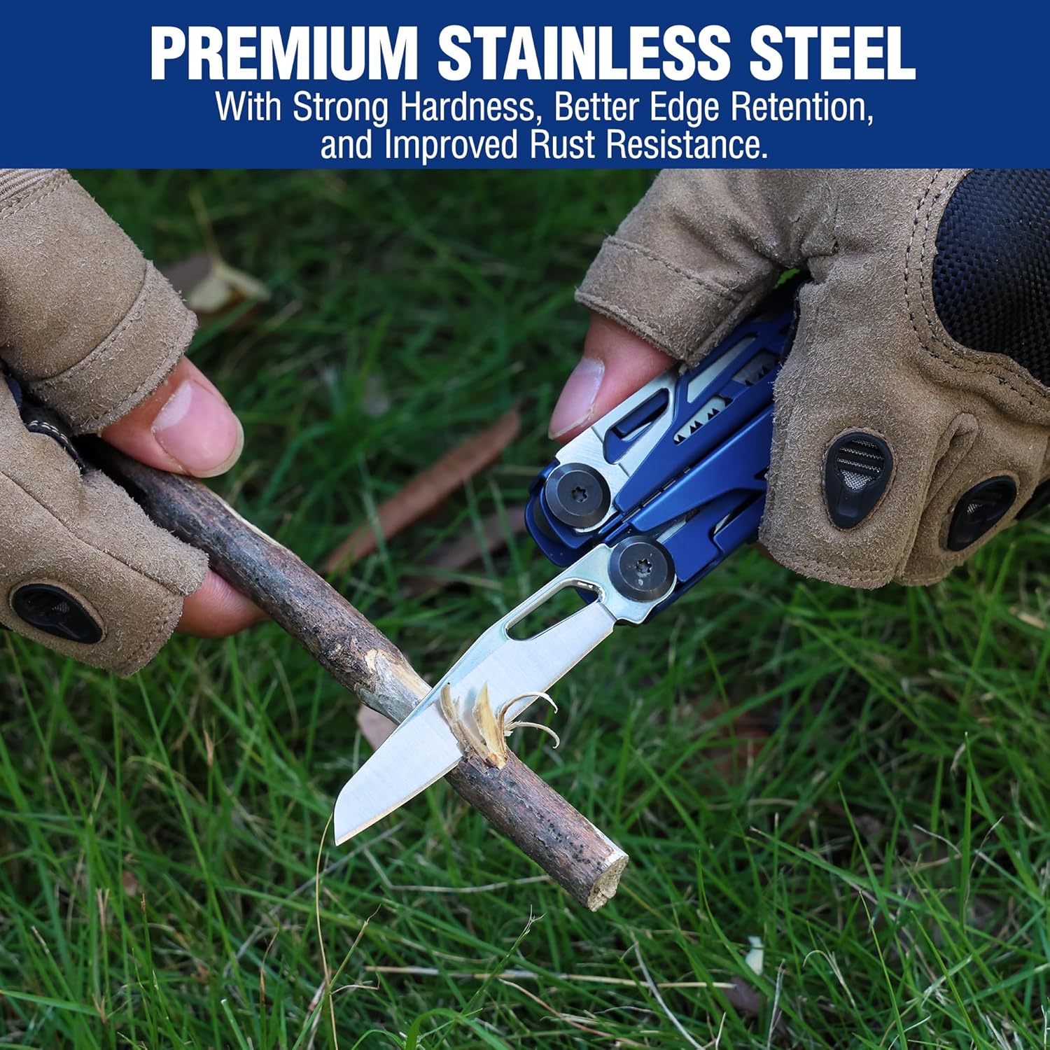 Blue multitool held with gloved hand, stainless steel knife blade visible outdoors