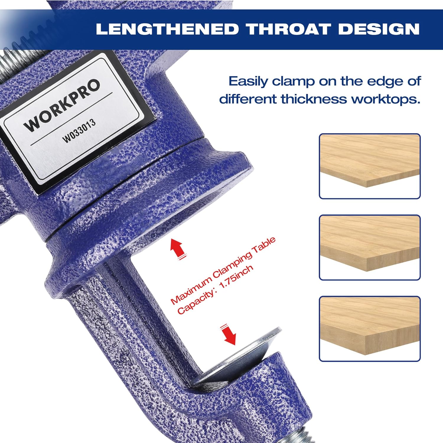 WORKPRO blue bench vise with lengthened throat for clamping thin workpieces